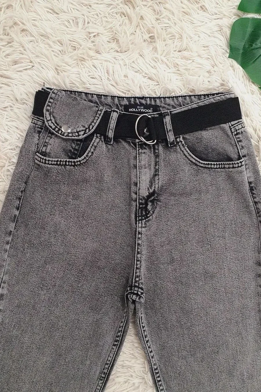 High Waist Belted Denim Trousers with Snap Detail - Smoke Grey - Podyumplus - by Peralane - photo 8