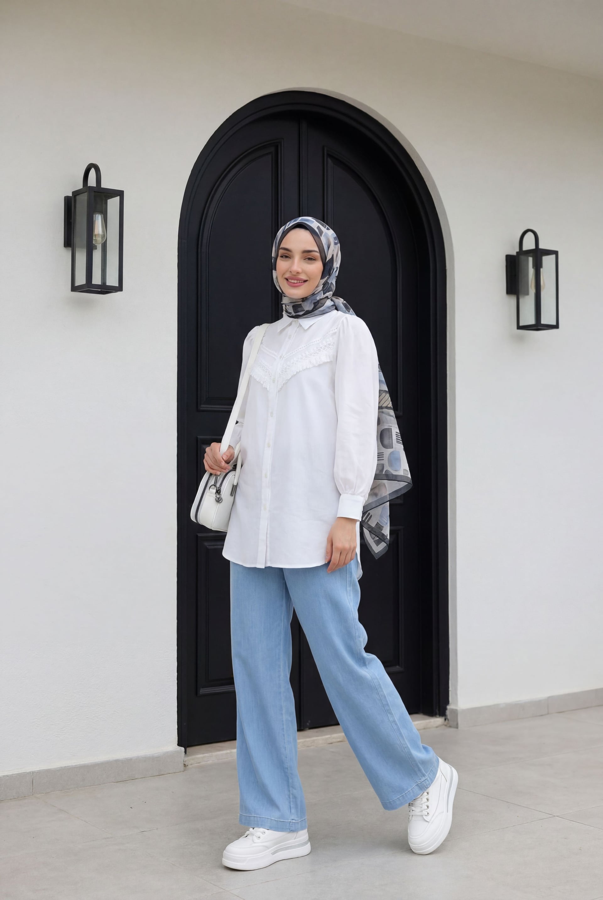 Half Elastic High Waist Wide Leg Denim Trousers - Light Blue - Podyumplus - by Peralane - photo 4