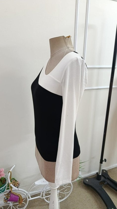 Women's Long-Sleeved Asymmetric Neck Two-Tone Viscose Blouse - Janes - by Peralane - photo 5