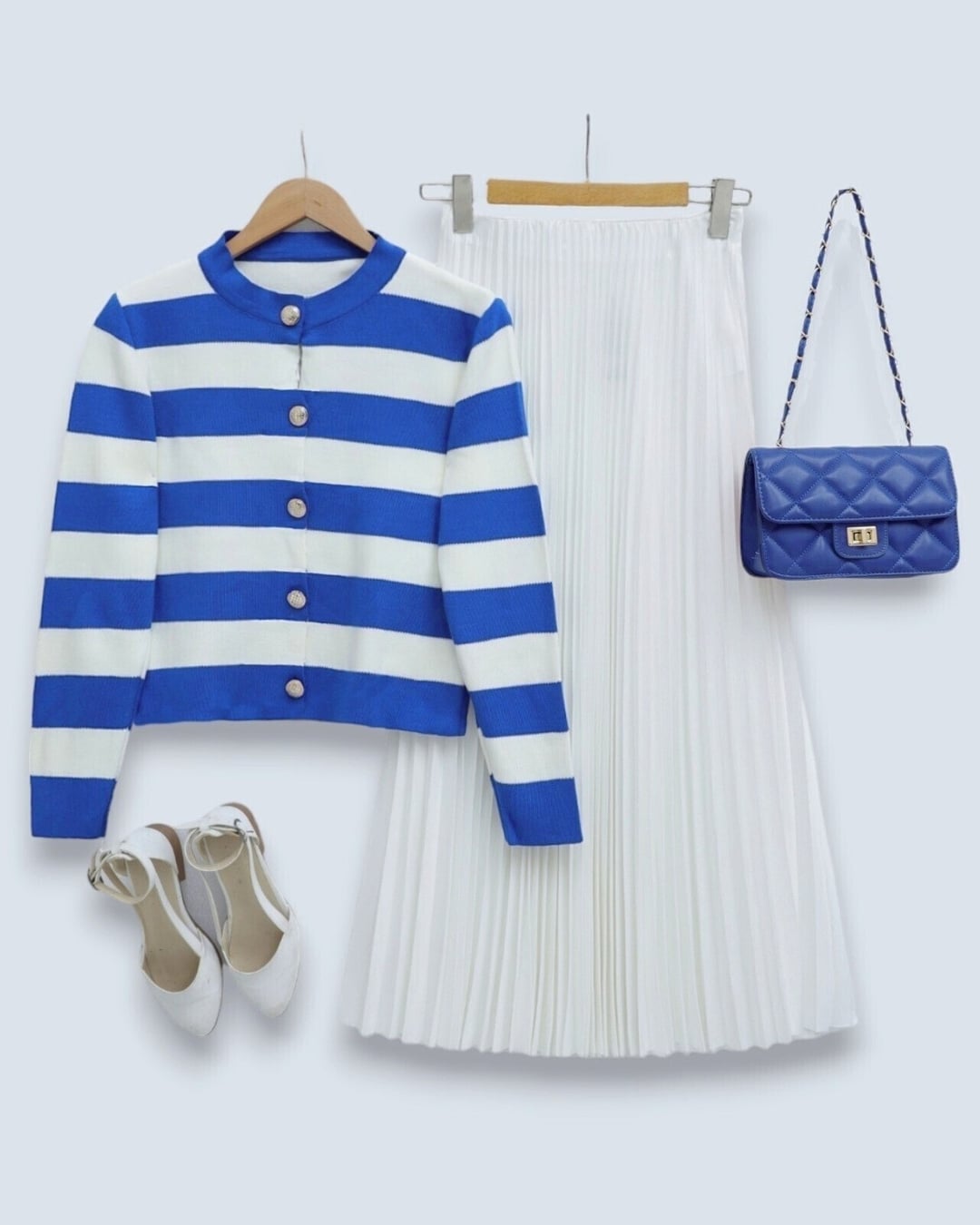 Striped Knit Cardigan with Metal Buttons - Blue - Podyumplus - by Peralane - photo 3
