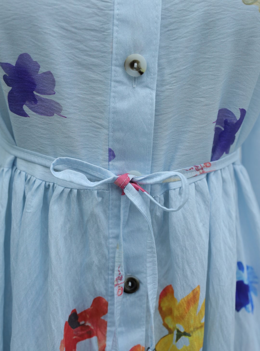 Floral Print Half-Button Belted Midi Dress with Elasticated Cuffs - Light Blue - Podyumplus - by Peralane - photo 7