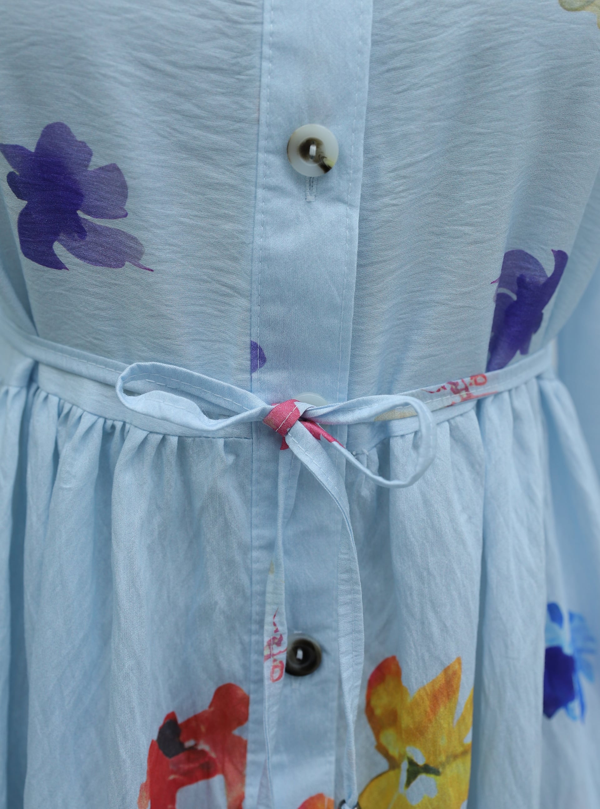 Floral Print Half-Button Belted Midi Dress with Elasticated Cuffs - Light Blue - Podyumplus - by Peralane - photo 7