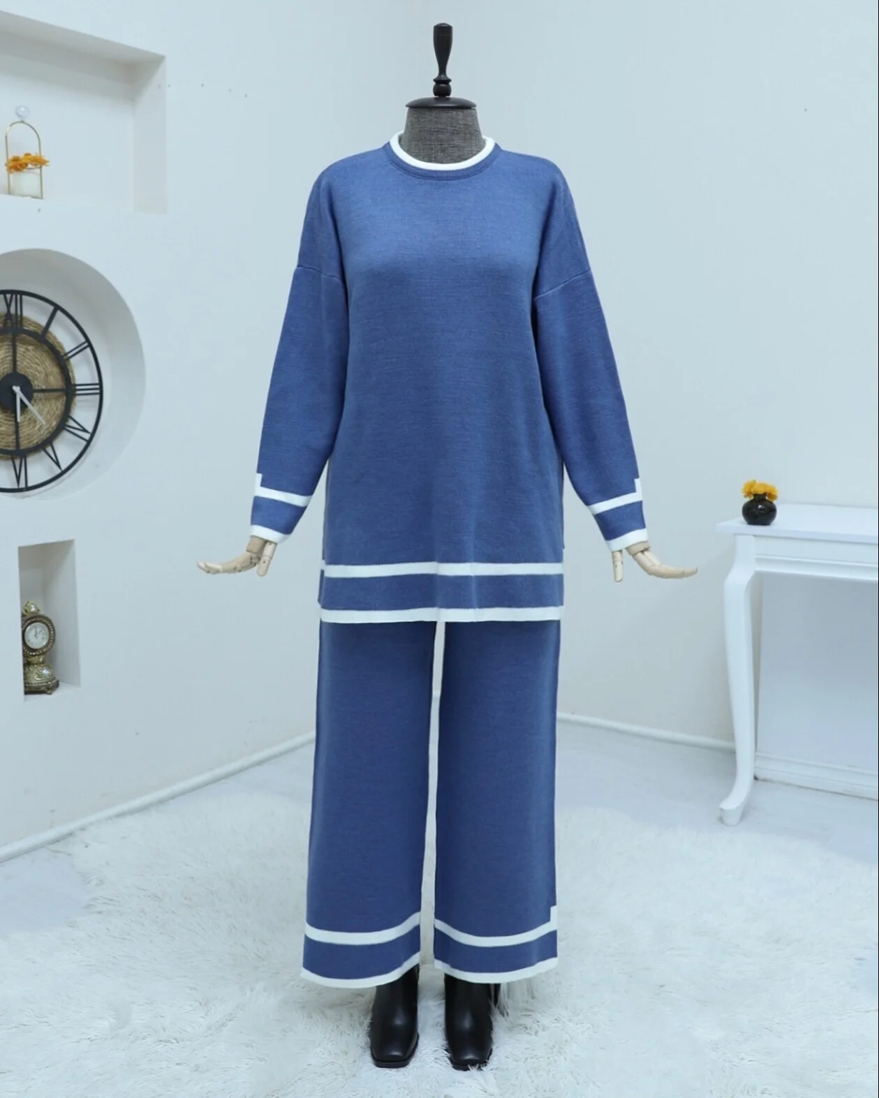 Women's Knit Lounge Set with Striped Cuffs in Indigo - Podyumplus - by Peralane - photo 5