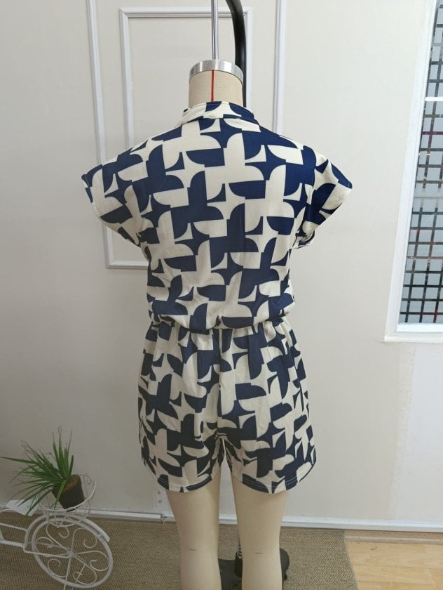 Women's Short-Sleeve V-Neck Collared Button Romper with Geometric Print - Janes - by Peralane - photo 7