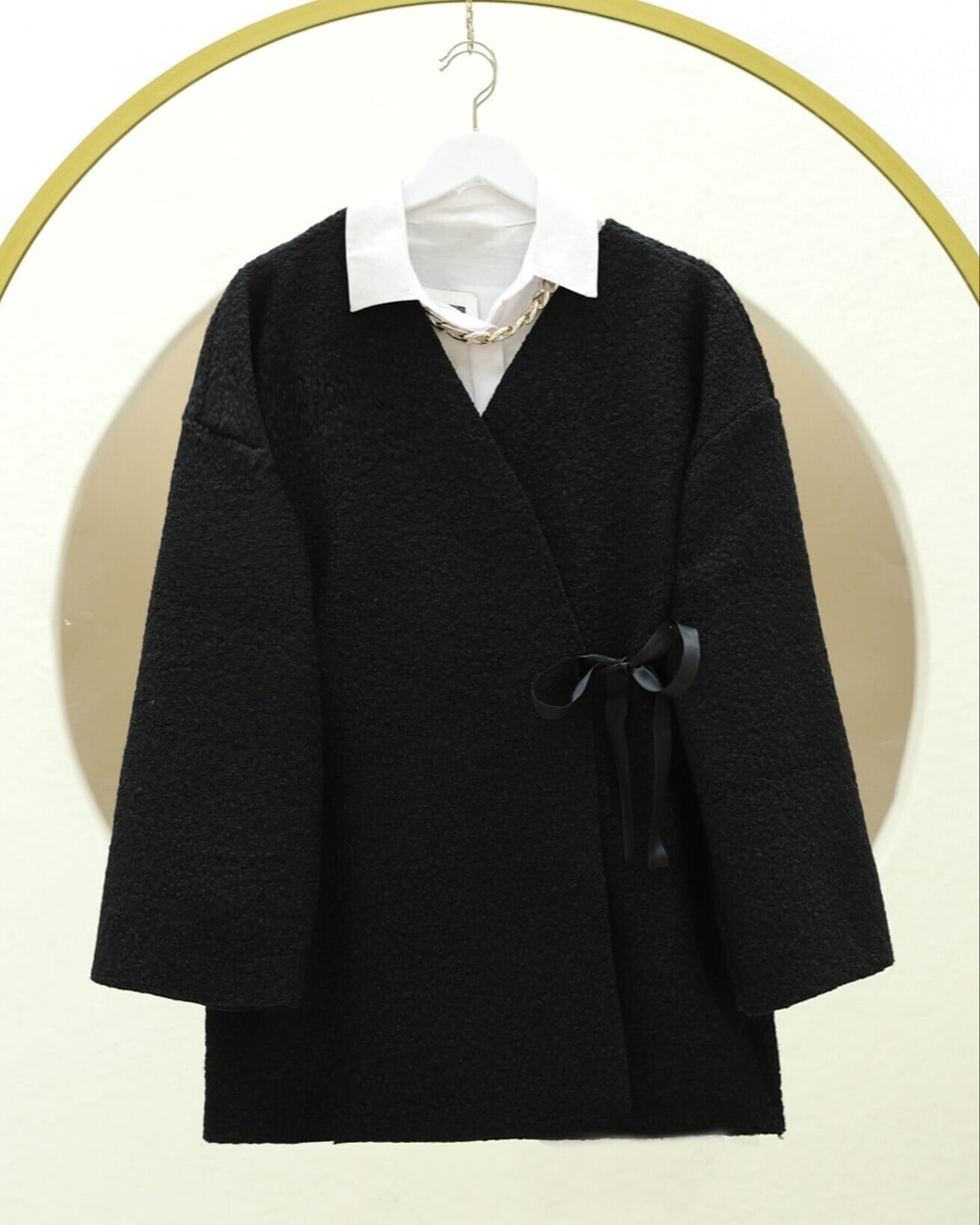 Black Wrap Boucle Kimono with Side Tie - Podyumplus - by Peralane - photo 2