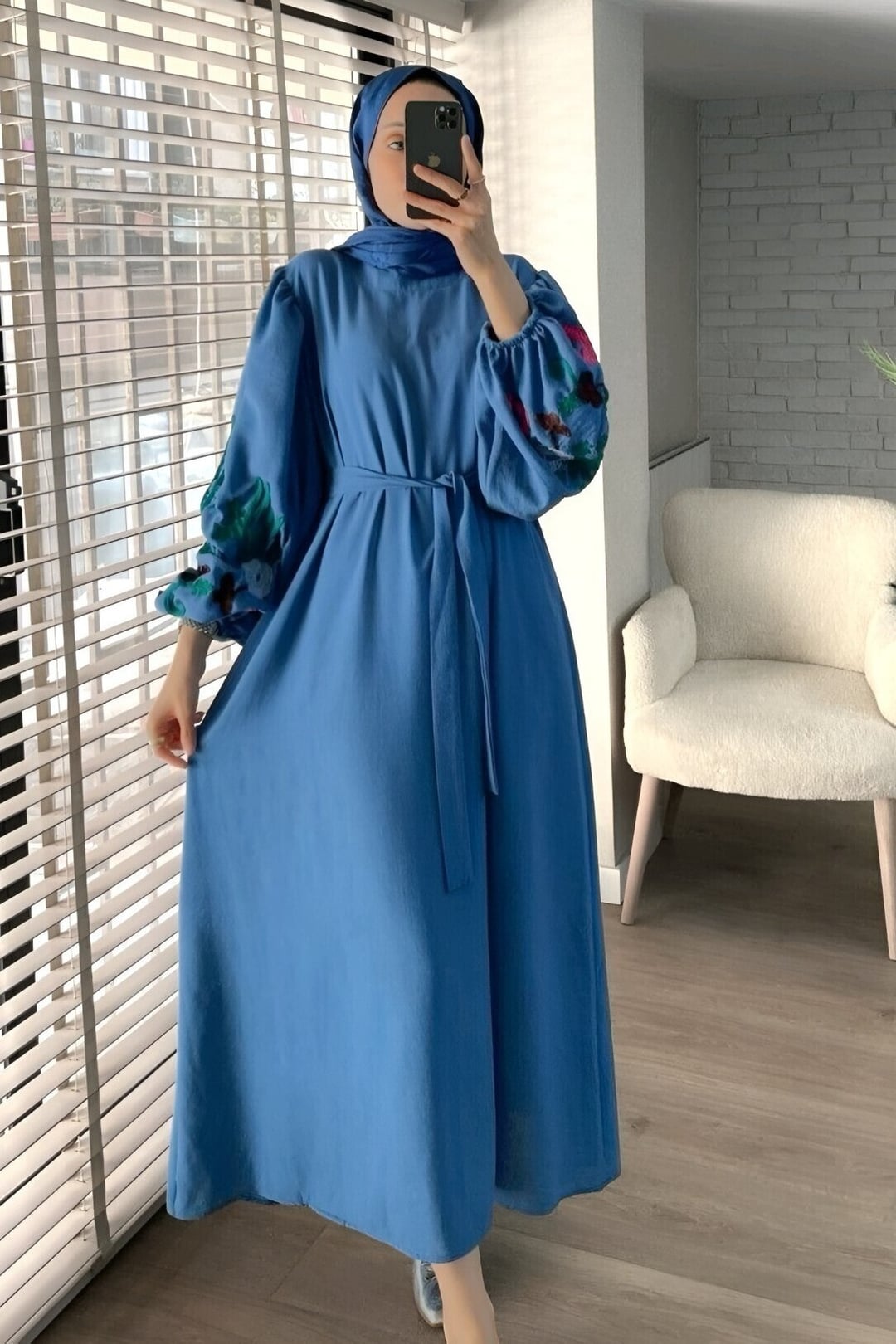 Balloon Sleeve Embroidered Belted Dress - Dark Blue - Podyumplus - by Peralane - photo 4
