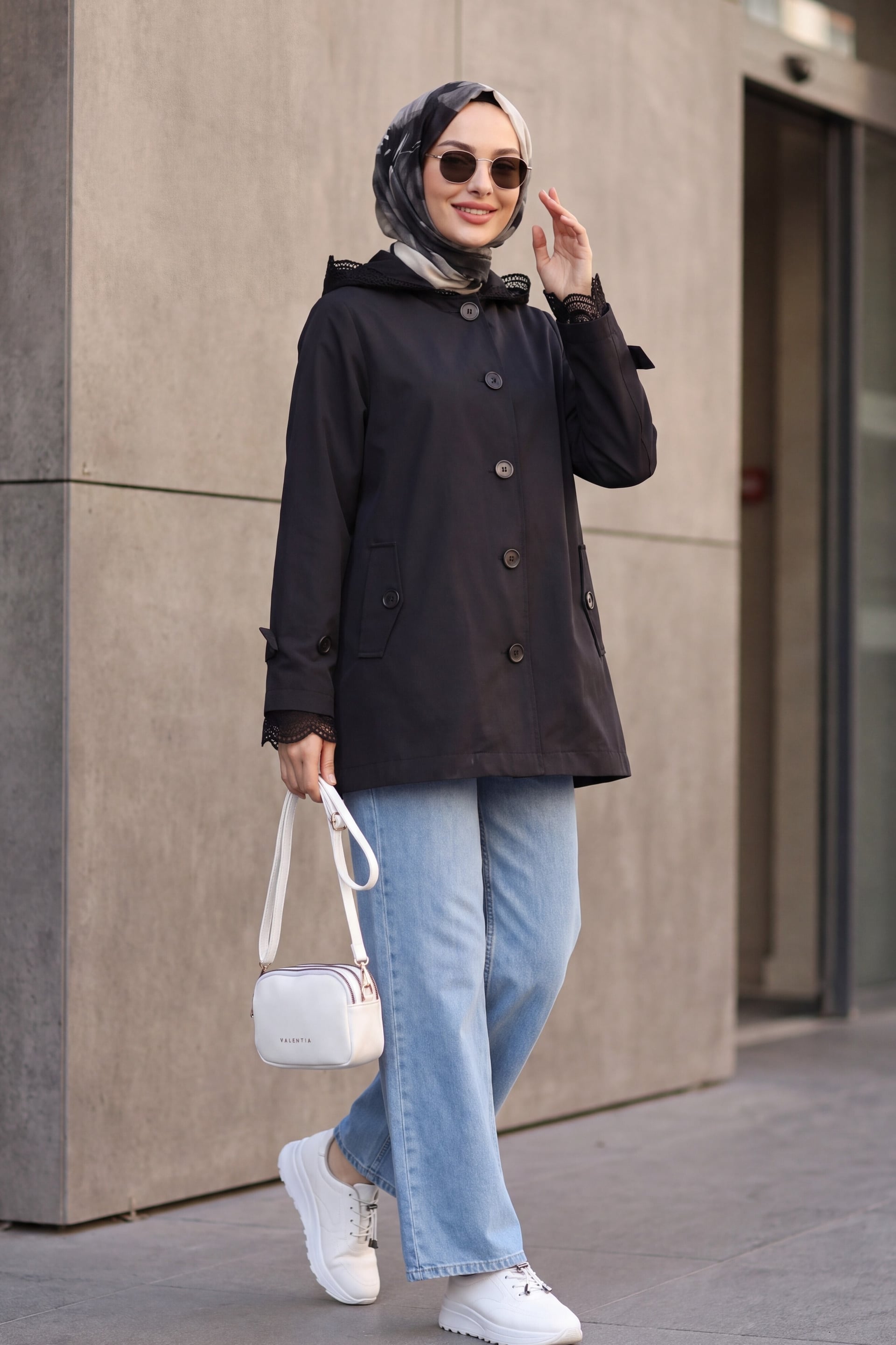Women's Lace-Trim Hooded Button-Up Jacket with Pockets - Black - Podyumplus - by Peralane - photo 3