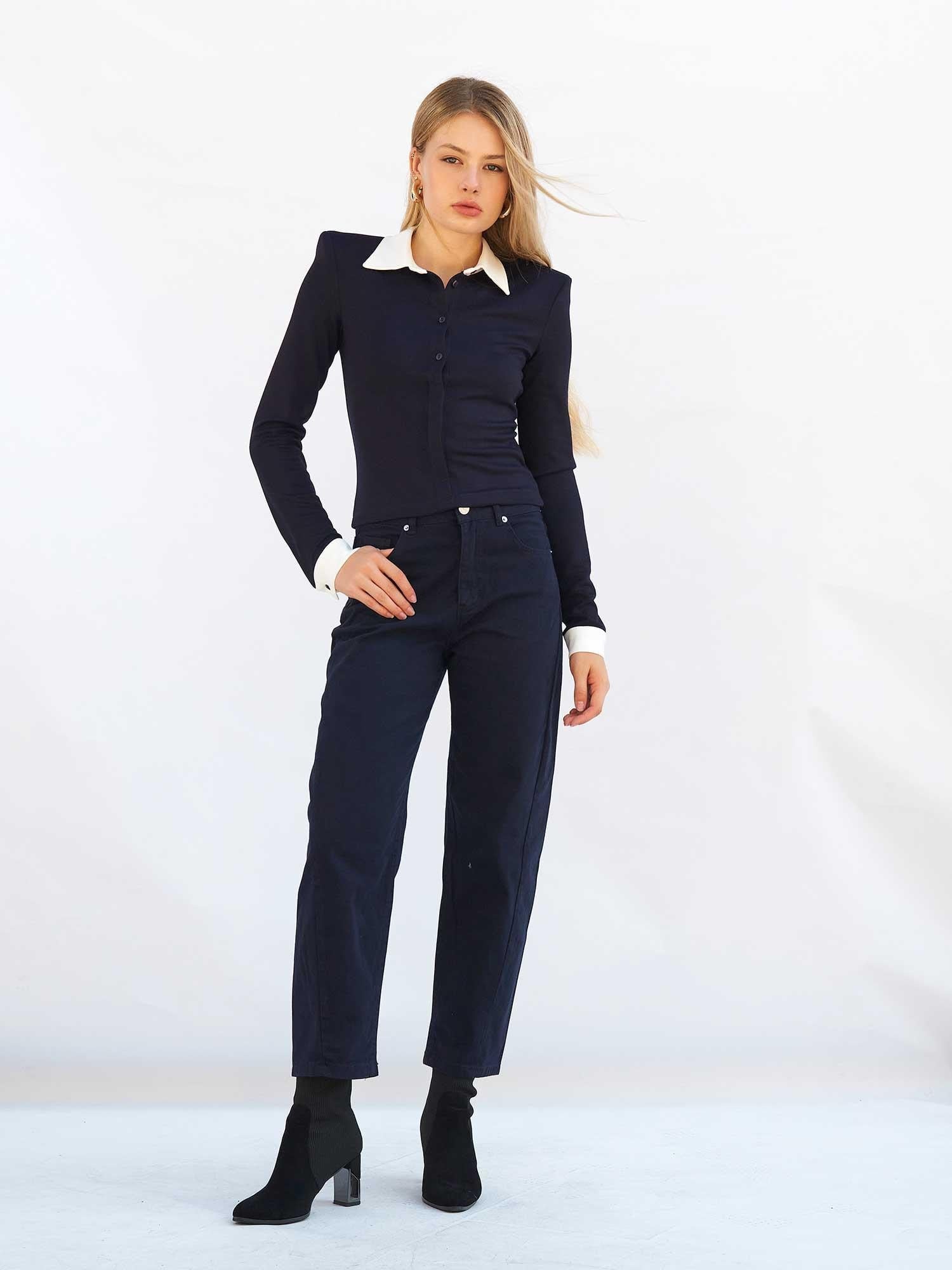 Navy Blue Long-Sleeve Collared Knit Blouse - Lefon - by Peralane - photo 4