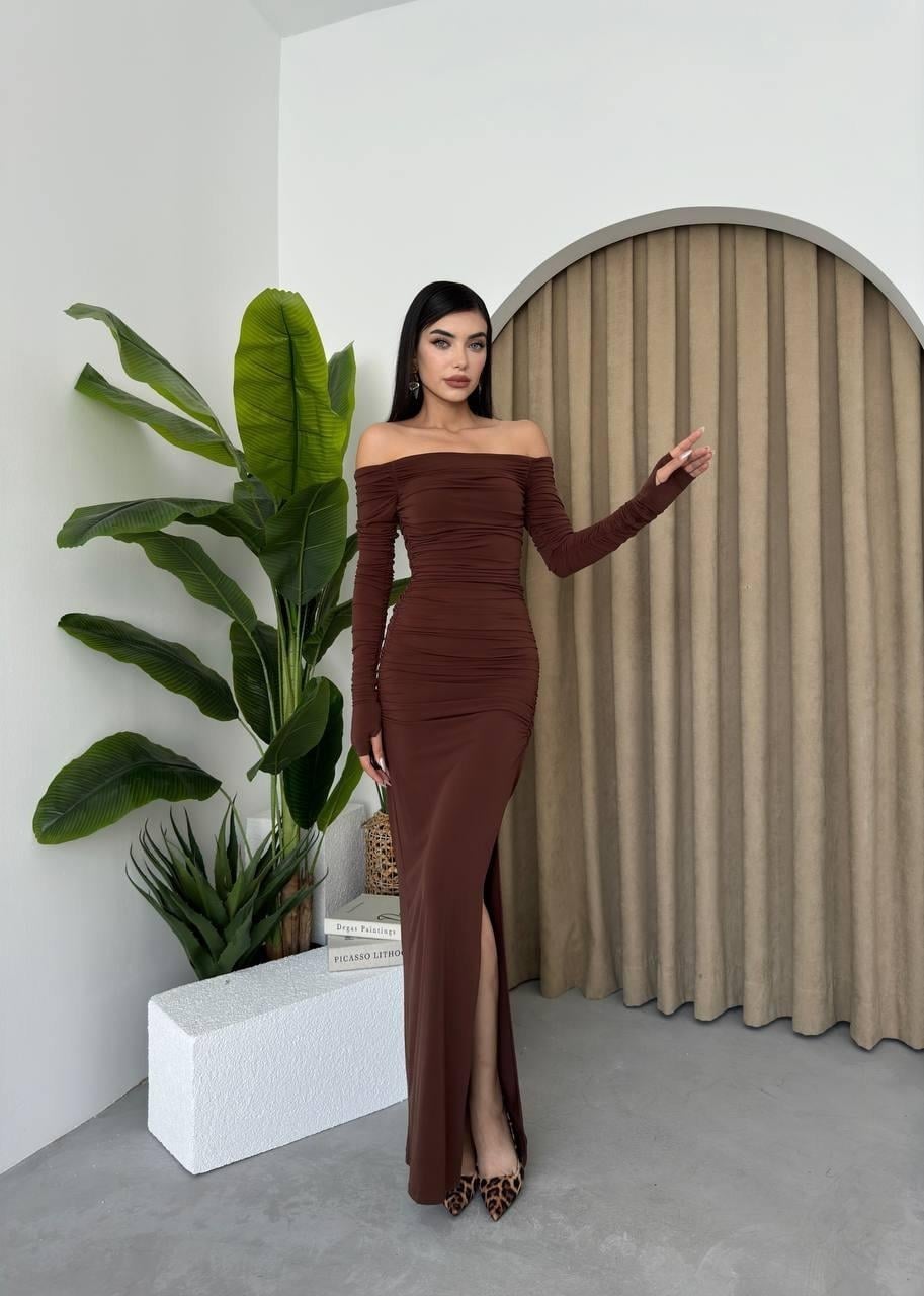 Vasco Ruched Off-Shoulder Long Sleeve Bodycon Dress in Brown - Etika - by Peralane - photo 3