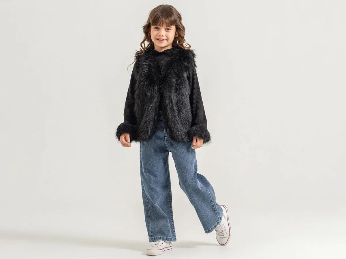 Girls' Striped 3-Piece Set with Faux Fur Vest - Black - Pampal Kids - by Peralane