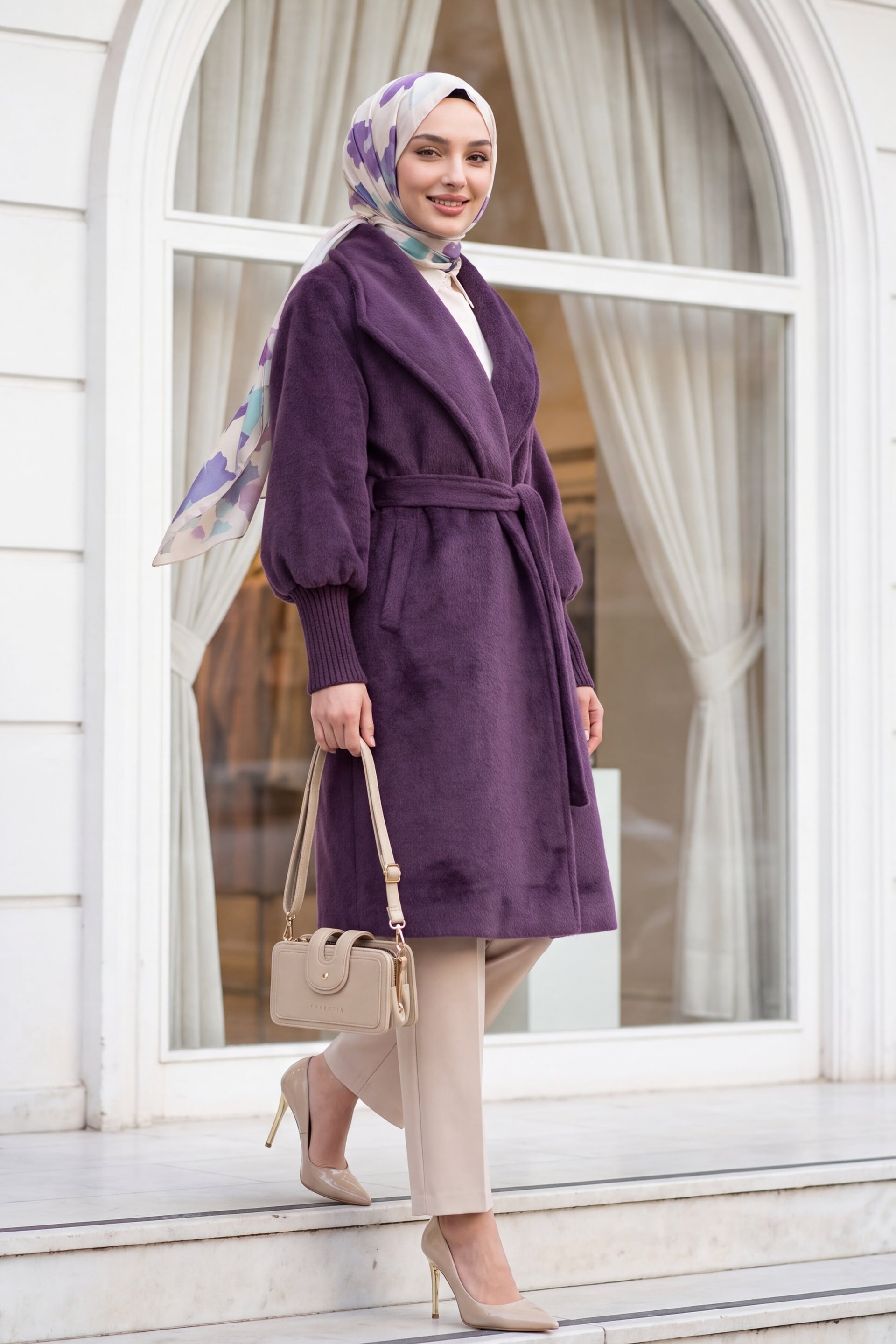Shawl Collar Lined Wool Blend Coat with Ribbed Cuffs - Plum - Podyumplus - by Peralane - photo 3