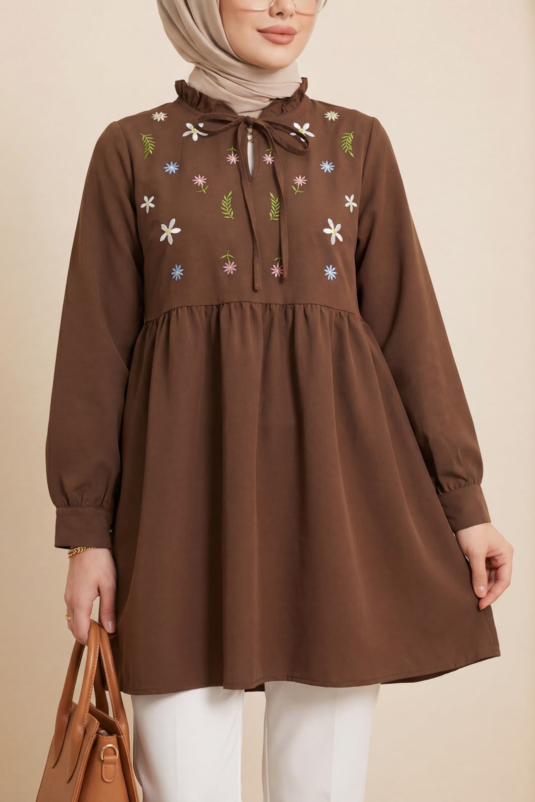 V-Neck Tie-Front Ruffled Floral Embroidered Poplin Tunic - Brown - Podyumplus - by Peralane - photo 6