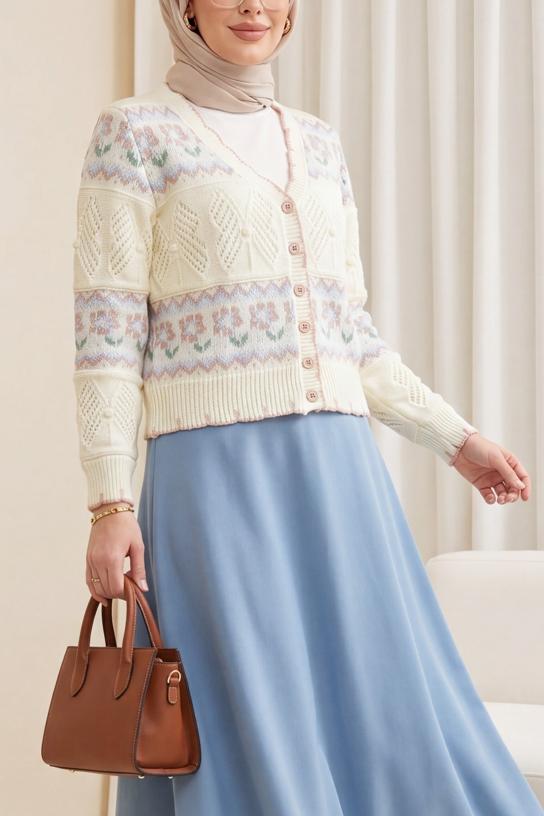 Butterfly-Patterned Open-Knit Cardigan with Colorful Buttons - White - Podyumplus - by Peralane