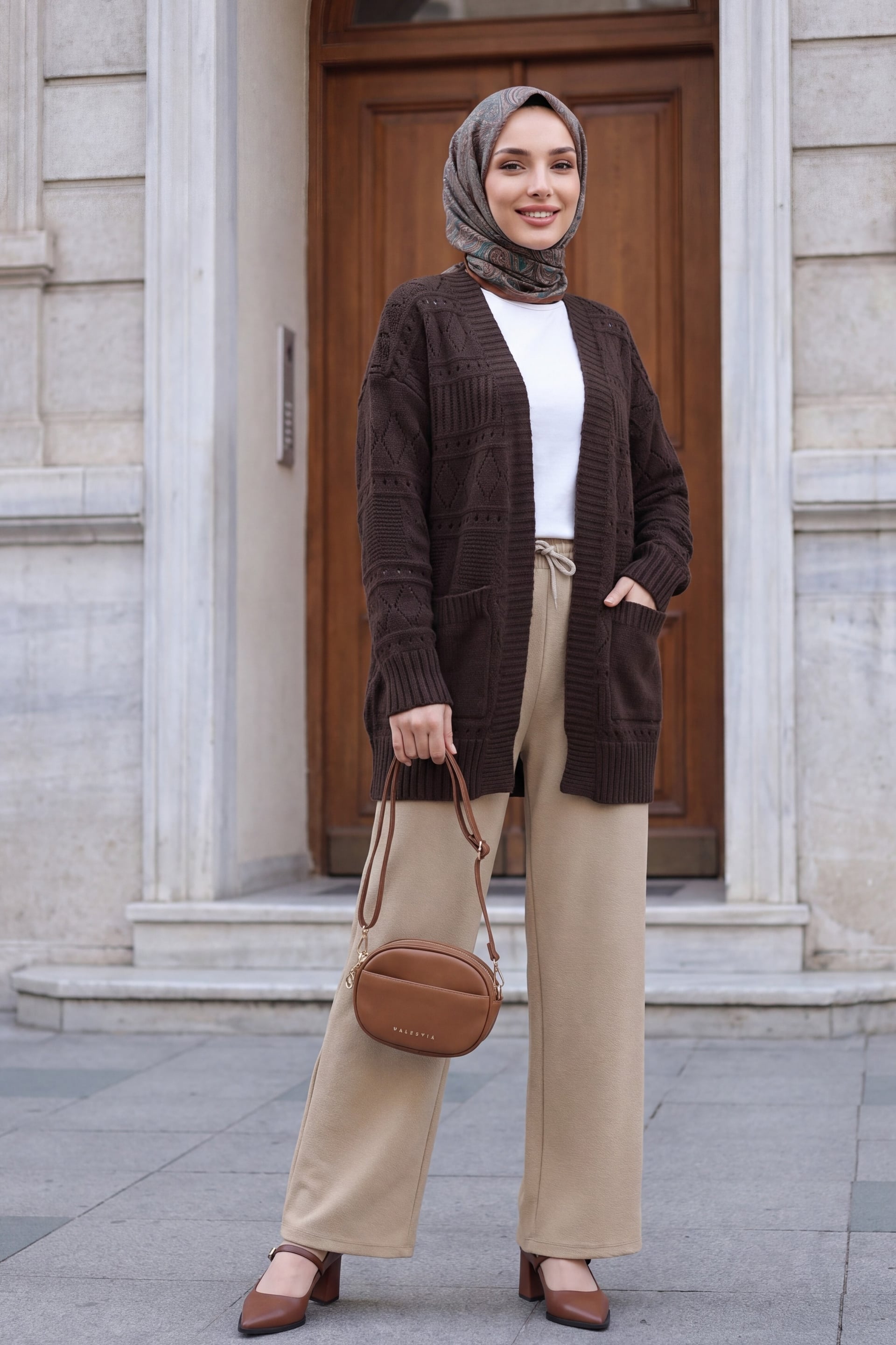 Double Pocket Open Front Ajour Knit Cardigan - Dark Brown - Podyumplus - by Peralane - photo 4