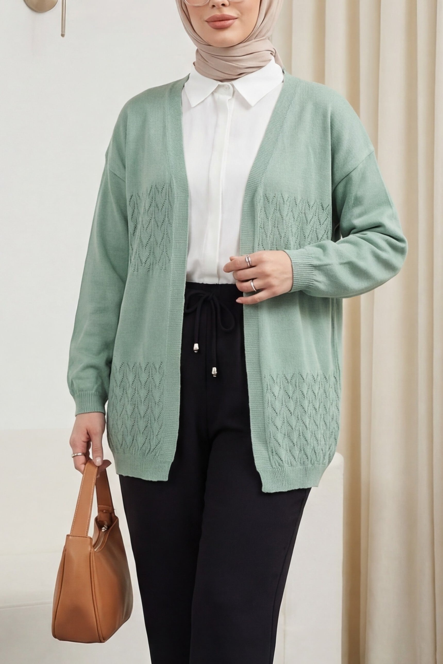 Mint Open-Front Knit Cardigan with Diamond Pattern - Podyumplus - by Peralane