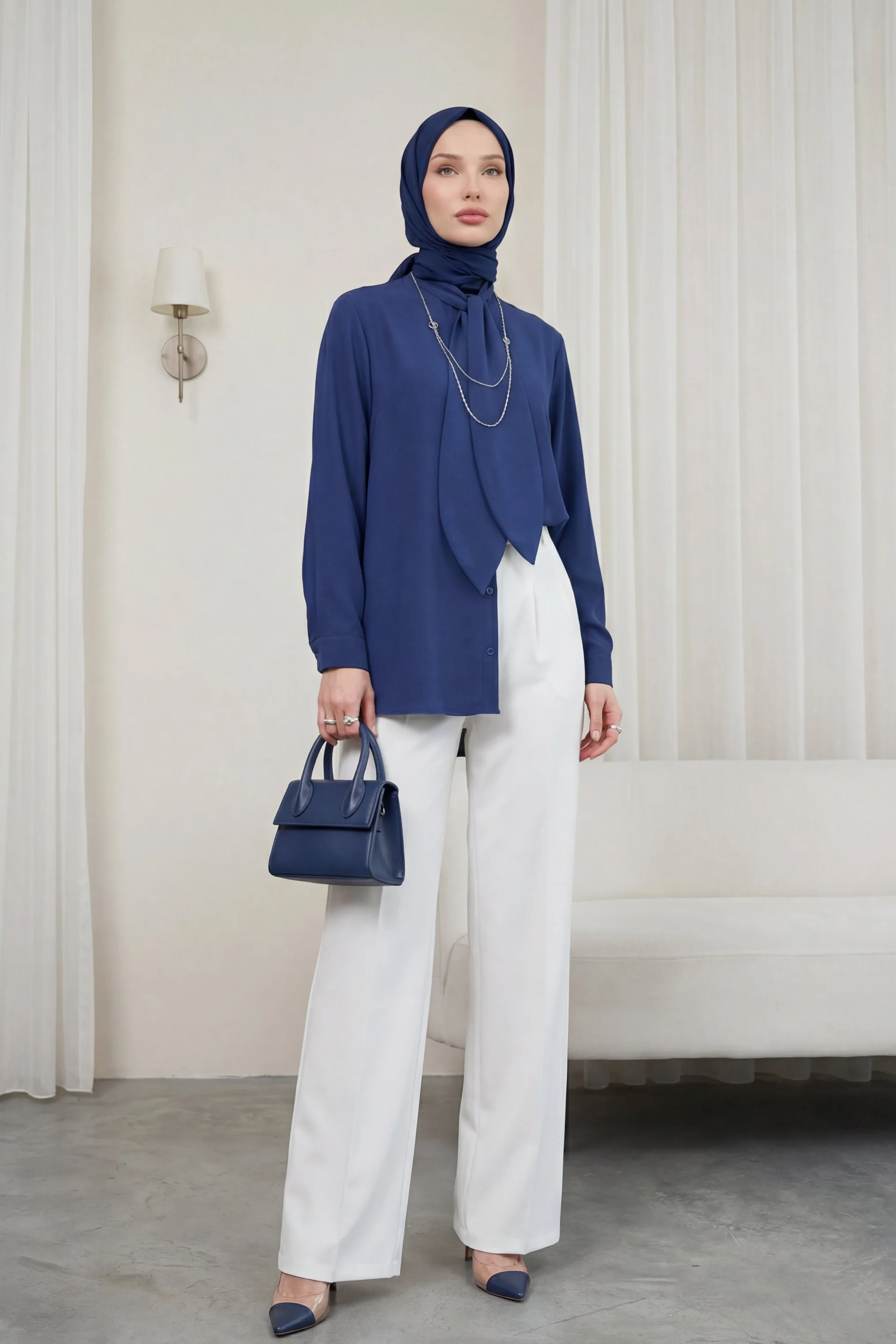 Oversize Tie-Neck Button-Front Blouse - Navy - Podyumplus - by Peralane - photo 2