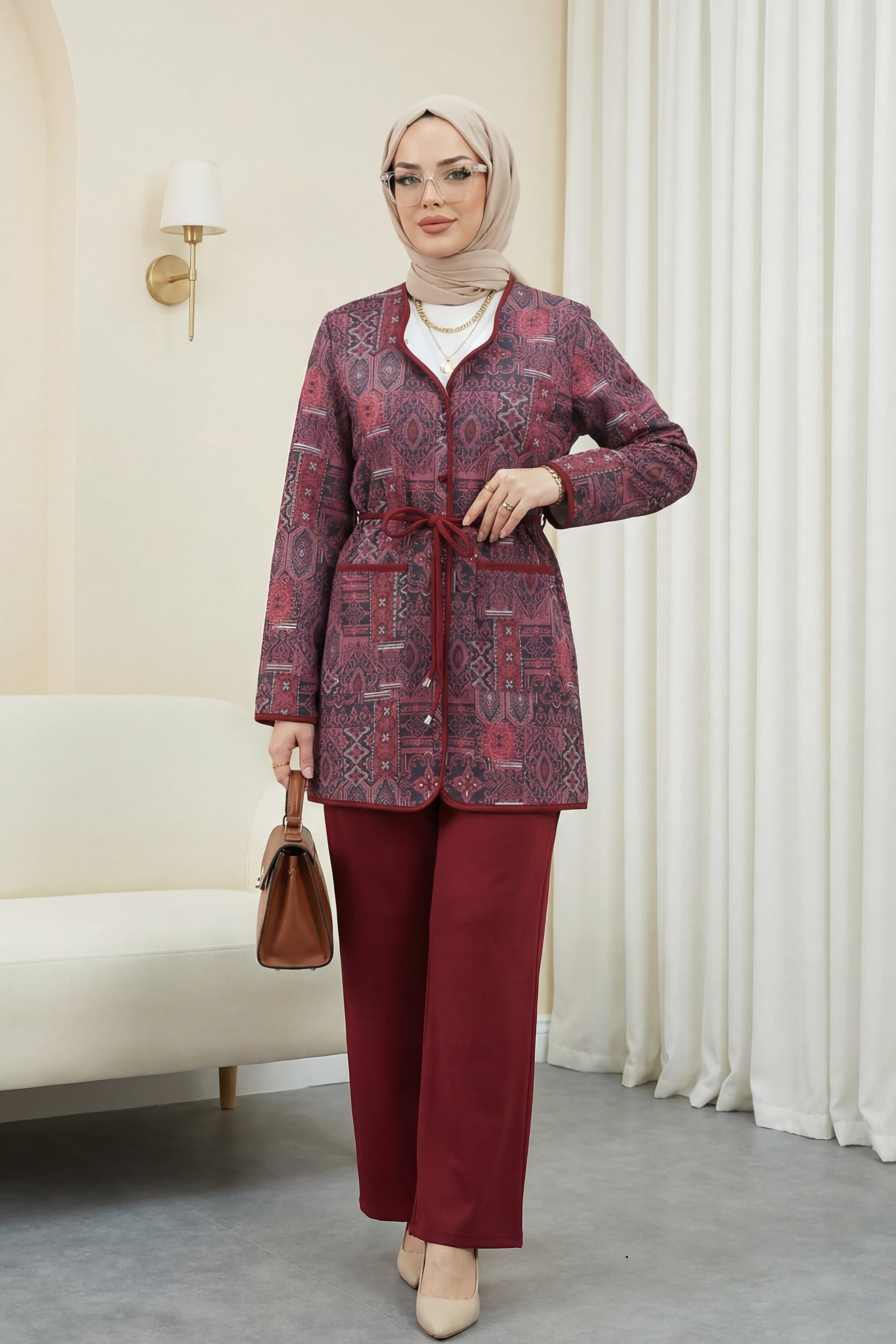 Tie-Waist Double-Pocket Patterned Scuba Suit Set in Burgundy - Podyumplus - by Peralane
