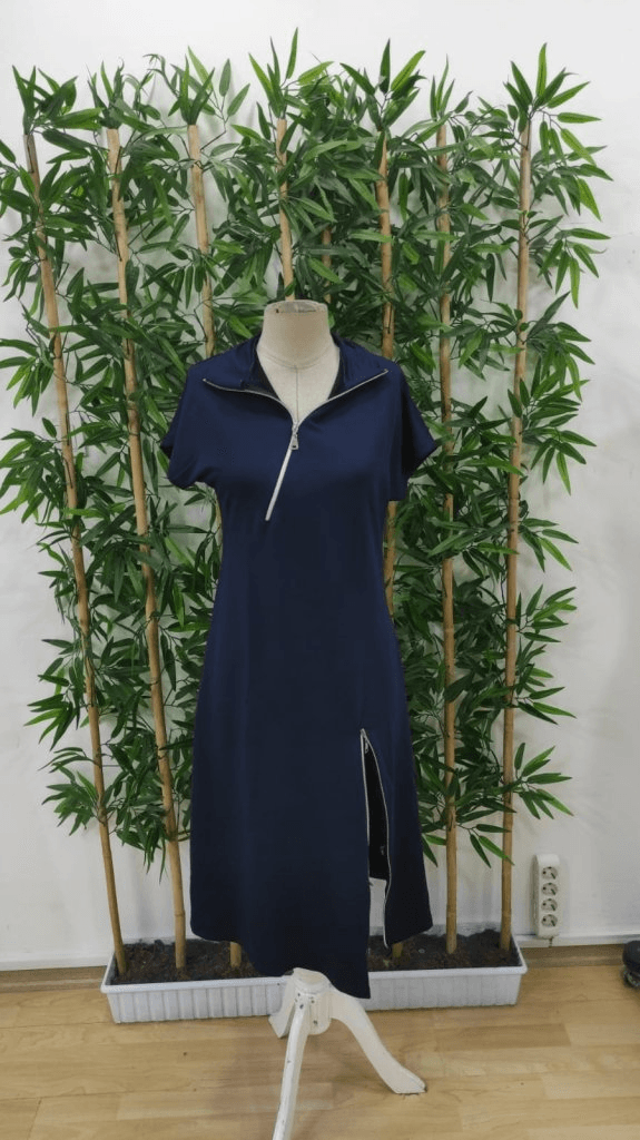 Women's Navy Blue Short-Sleeved Mock Neck Midi Dress with Zip Details - Janes - by Peralane - photo 4
