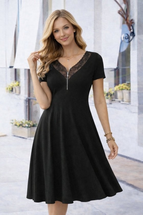 Women's Short-Sleeved V-Neck Lace Trim Viscose Dress - Janes - by Peralane - photo 2