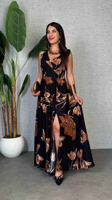 Women's Sleeveless Wrap Neck Wide Cut Slit Long Suprem Dress - Janes - by Peralane