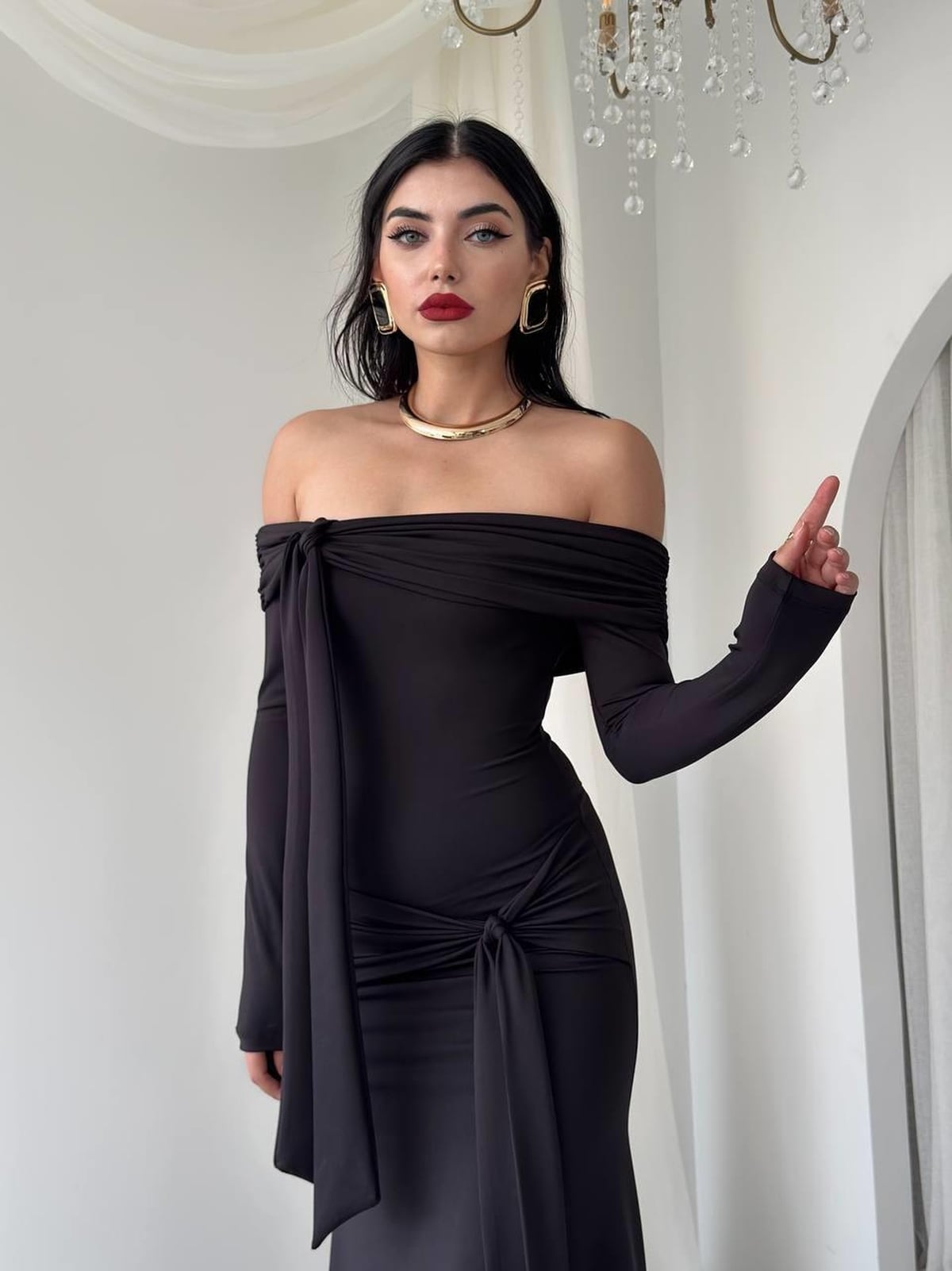 Adole Black Off-the-Shoulder Knit Dress with Waist Knot - Etika - by Peralane