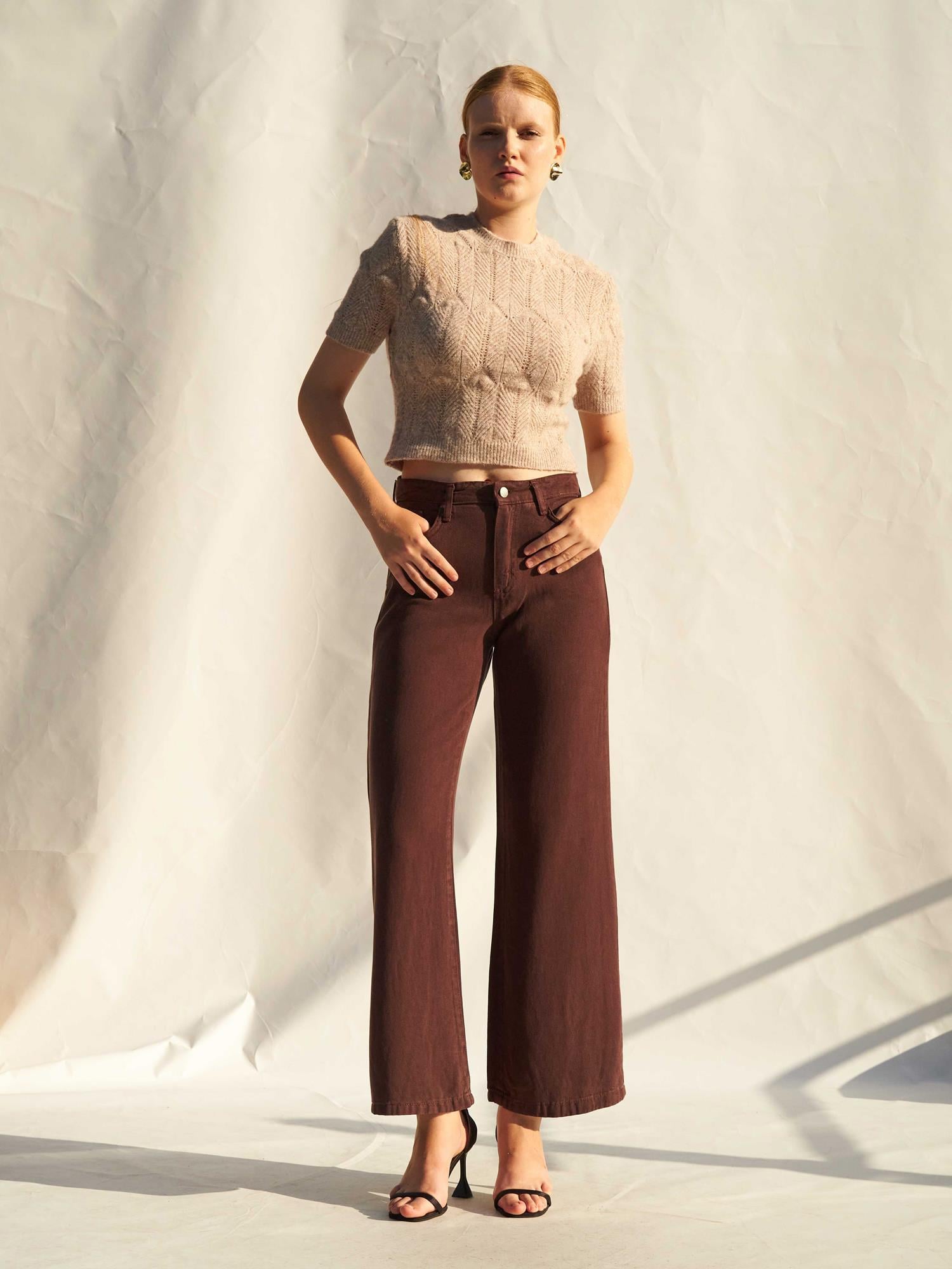Crew Neck Short Sleeve Openwork Knit Sweater - Beige - Lefon - by Peralane - photo 4