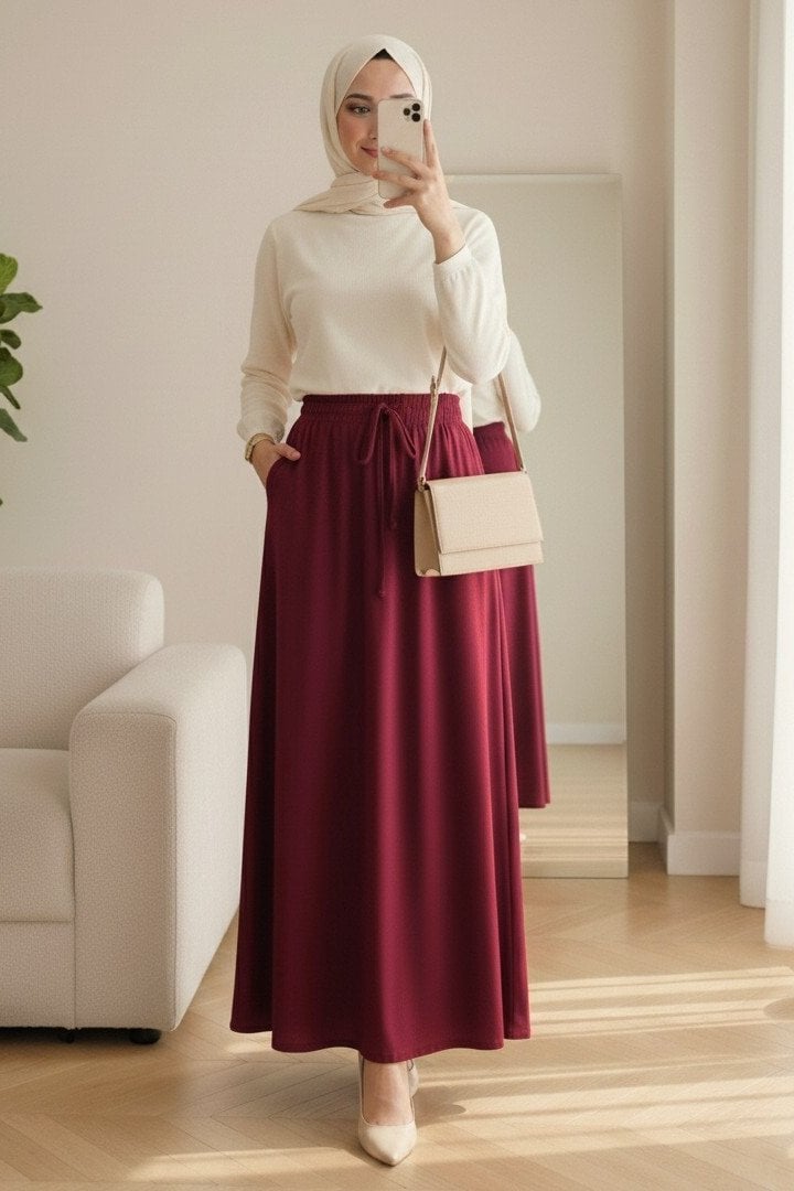 Burgundy Drawstring Waist Wide-Leg Jersey Skirt - Podyumplus - by Peralane - photo 4