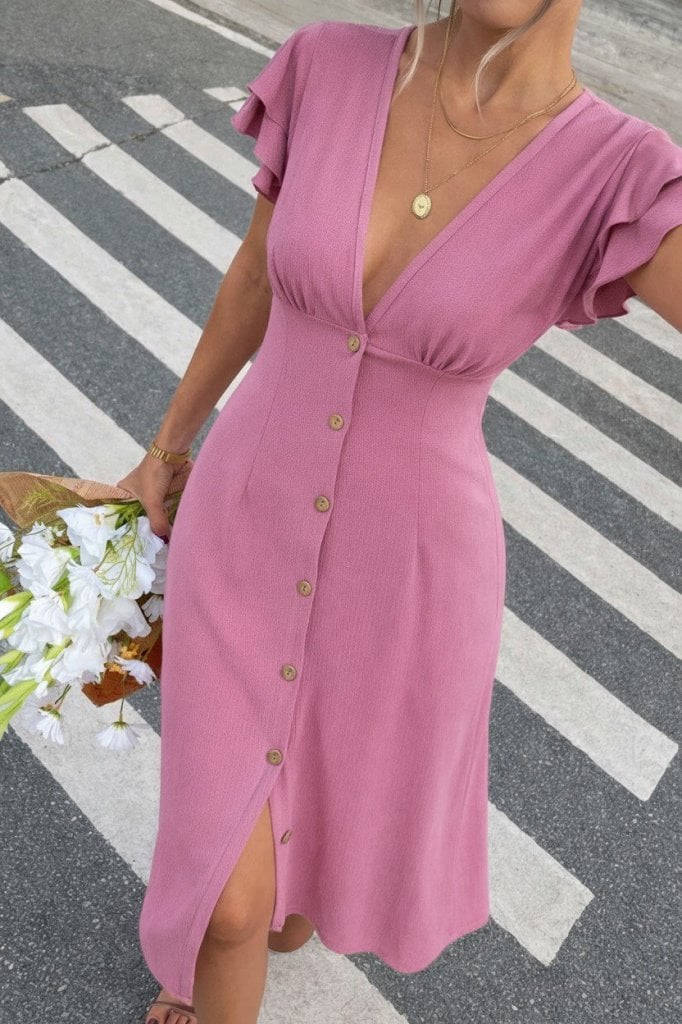Women's Short Sleeve V-Neck Front Button Crinkle Midi Dress - Janes - by Peralane - photo 2