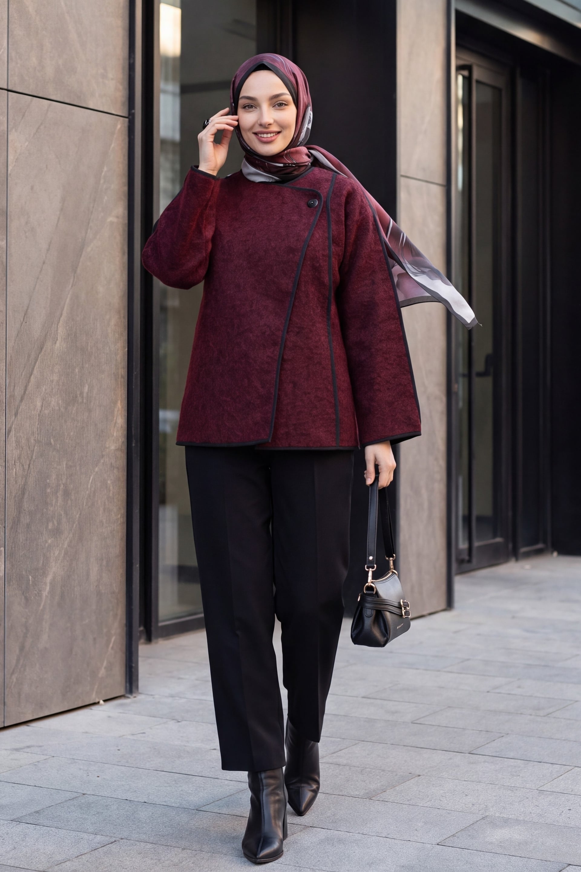 Asymmetric Front Closure Fringed Cardigan - Burgundy - Podyumplus - by Peralane - photo 2