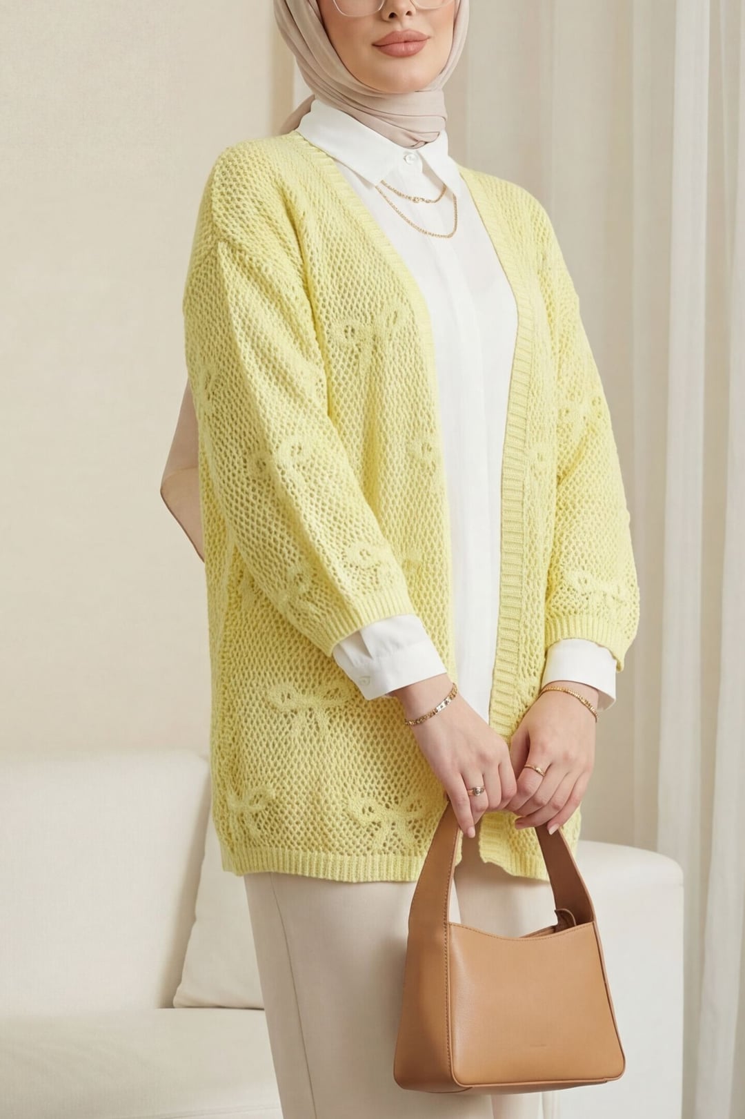 Bow Patterned Openwork Knit Cardigan - Yellow - Podyumplus - by Peralane
