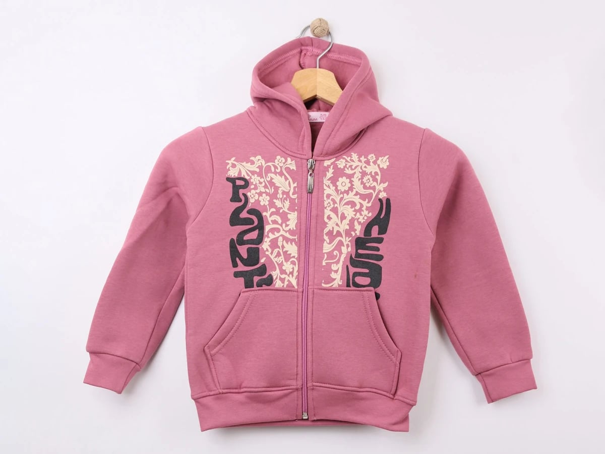 Girls' Hooded Cardigan with Floral Graphic Print - Dusty Rose - CMK - by Peralane