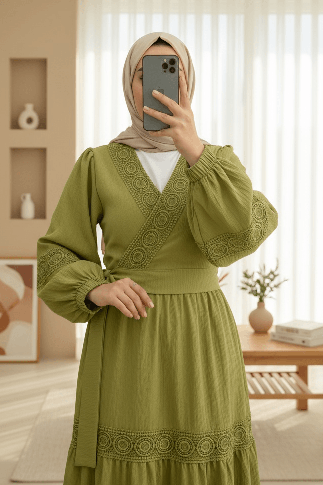Women's Crochet Lace Trim Tie-Front Blouse and Tiered Skirt Set in Olive Green - Podyumplus - by Peralane - photo 7