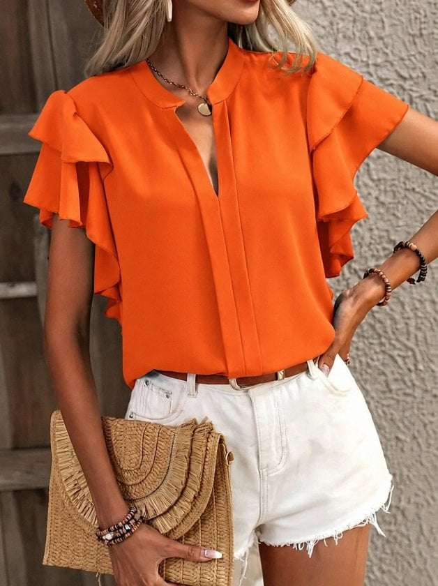 Women's Short Sleeve V-Neck Ruffle Sleeve Blouse - Janes - by Peralane