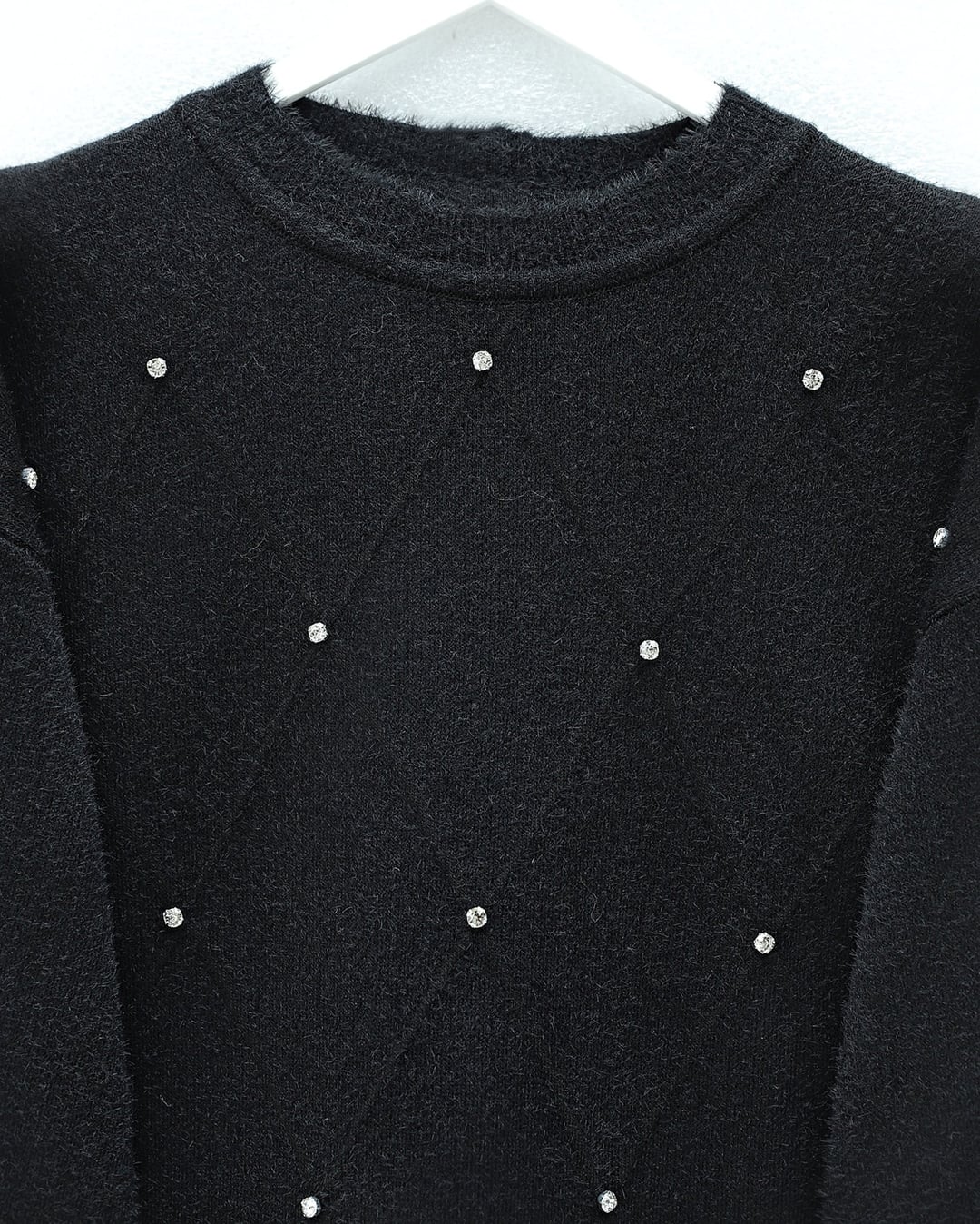 Stone Detail Diamond Pattern Fringed Knit Tunic - Black - Podyumplus - by Peralane - photo 4