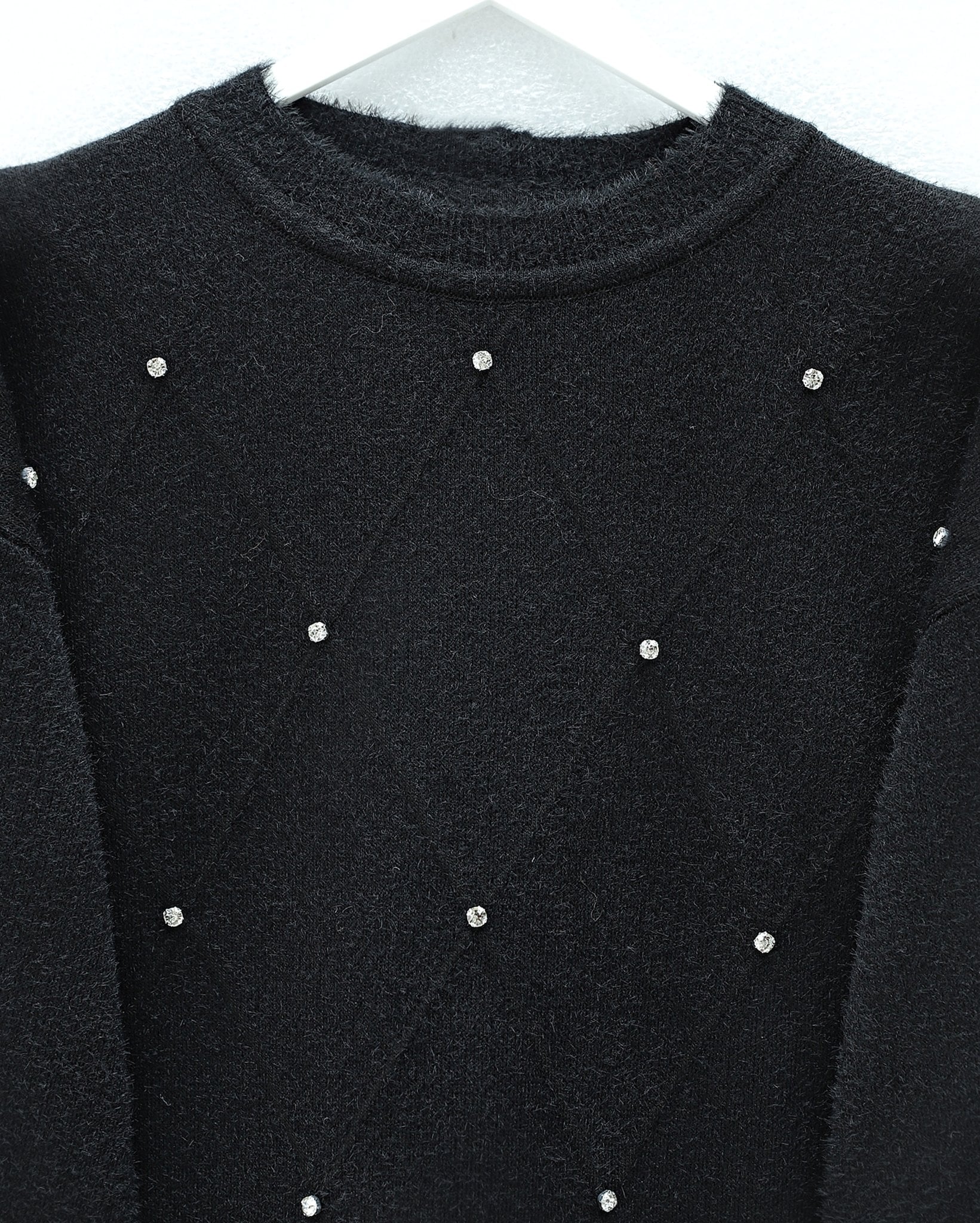 Stone Detail Diamond Pattern Fringed Knit Tunic - Black - Podyumplus - by Peralane - photo 4