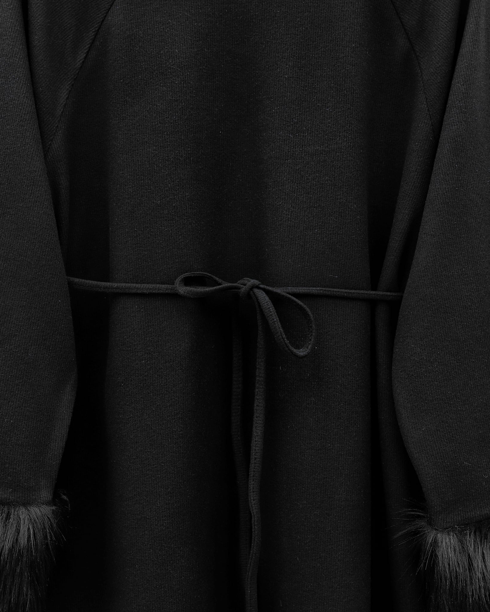 Black Long-Sleeved Knit Dress with Faux Fur Trim and Waist Tie - Podyumplus - by Peralane - photo 4