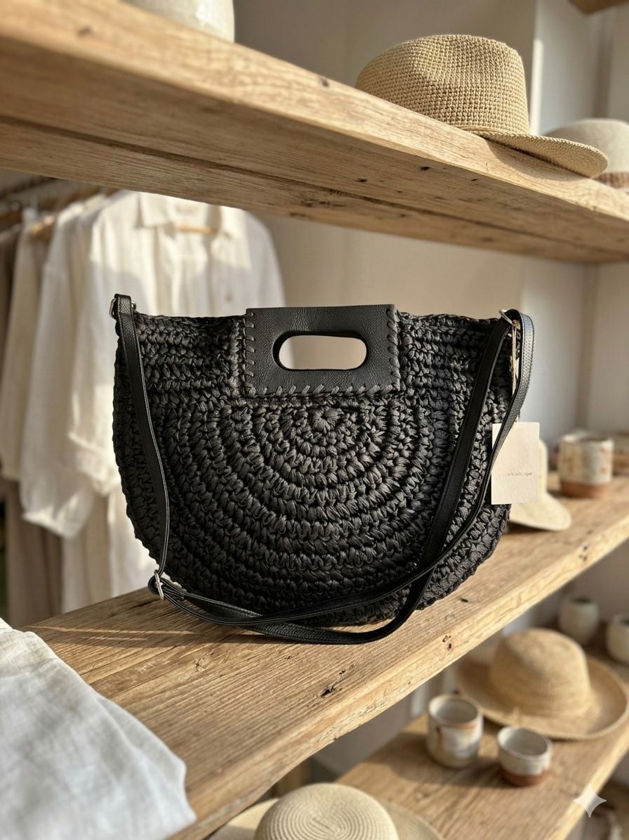 NWC-1070 Black Straw Bag with Zip - Nesvay - by Peralane