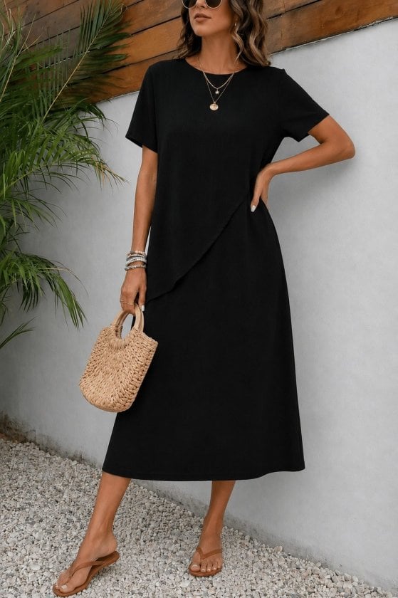 Women's Short-Sleeved Round Neck Asymmetric Cut Long Crepe Dress in Black - Janes - by Peralane - photo 2