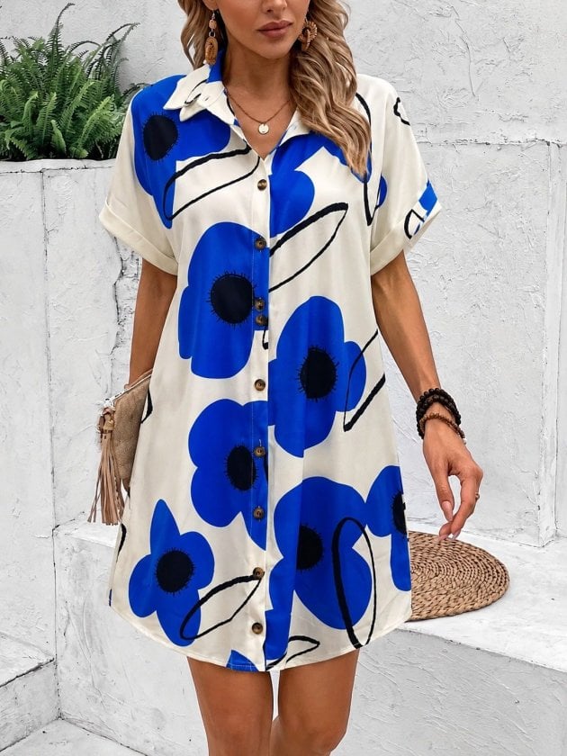 Women's Short-Sleeve Collared Floral Print Shirt Dress - Janes - by Peralane