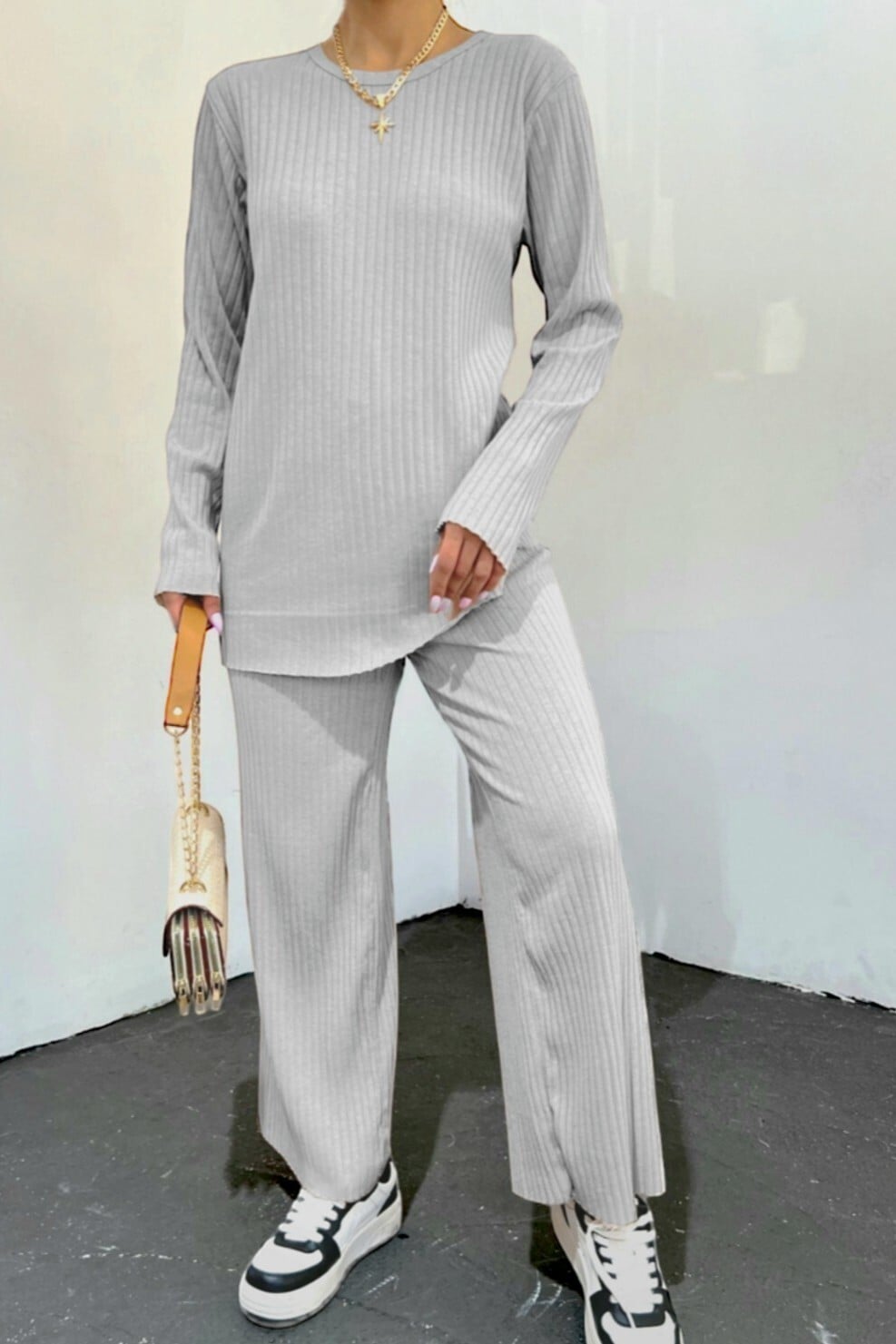 Light Grey Ribbed Knit Lounge Set with Long-Sleeved Top and Wide-Leg Trousers - Podyumplus - by Peralane - photo 3