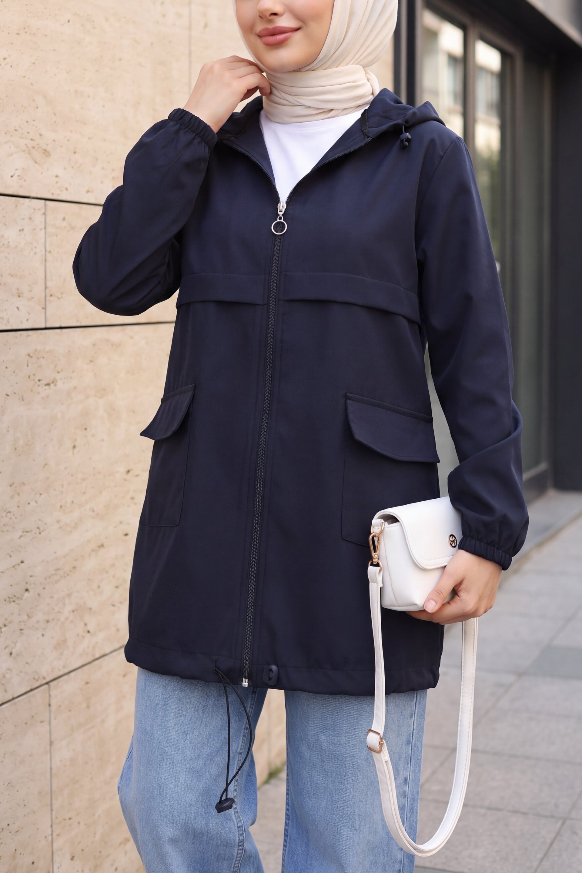 Navy Blue Hooded Zip-Front Raincoat with Flap Pockets - Podyumplus - by Peralane