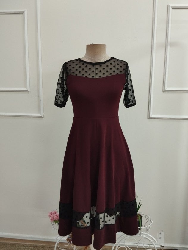 Women's Short Sleeve Crew Neck Polka Dot Tulle Detail Midi Crepe Dress - Janes - by Peralane - photo 4