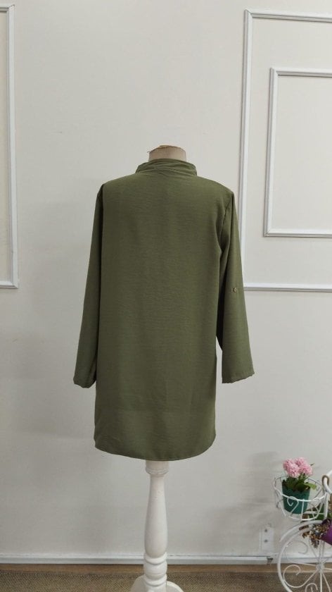 Women's Olive Green Blouse with Stand Collar and Side Button Details - Janes - by Peralane - photo 5