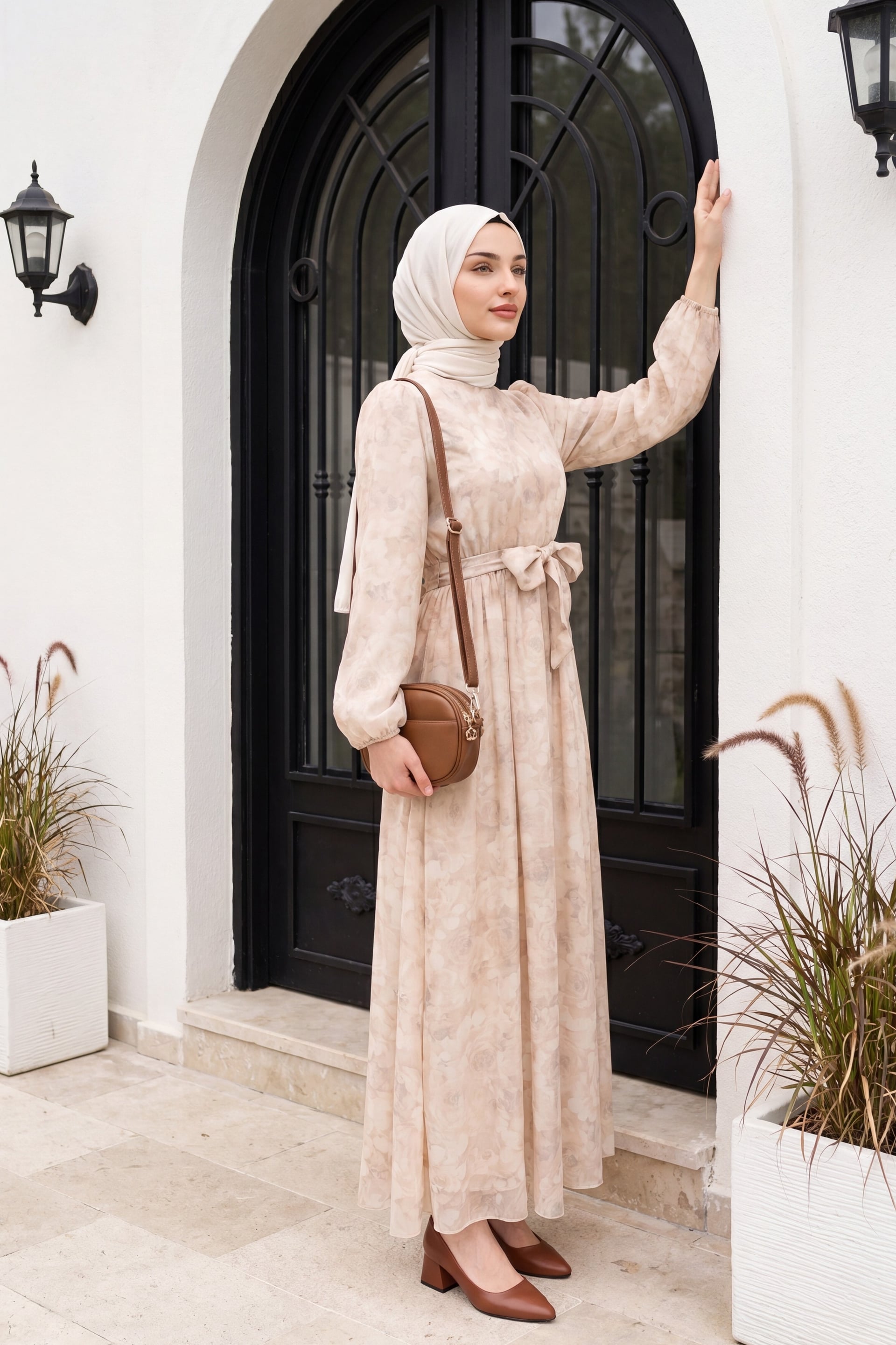 Beige Belted Balloon Sleeve Lined Tulle Voile Dress - Podyumplus - by Peralane - photo 2