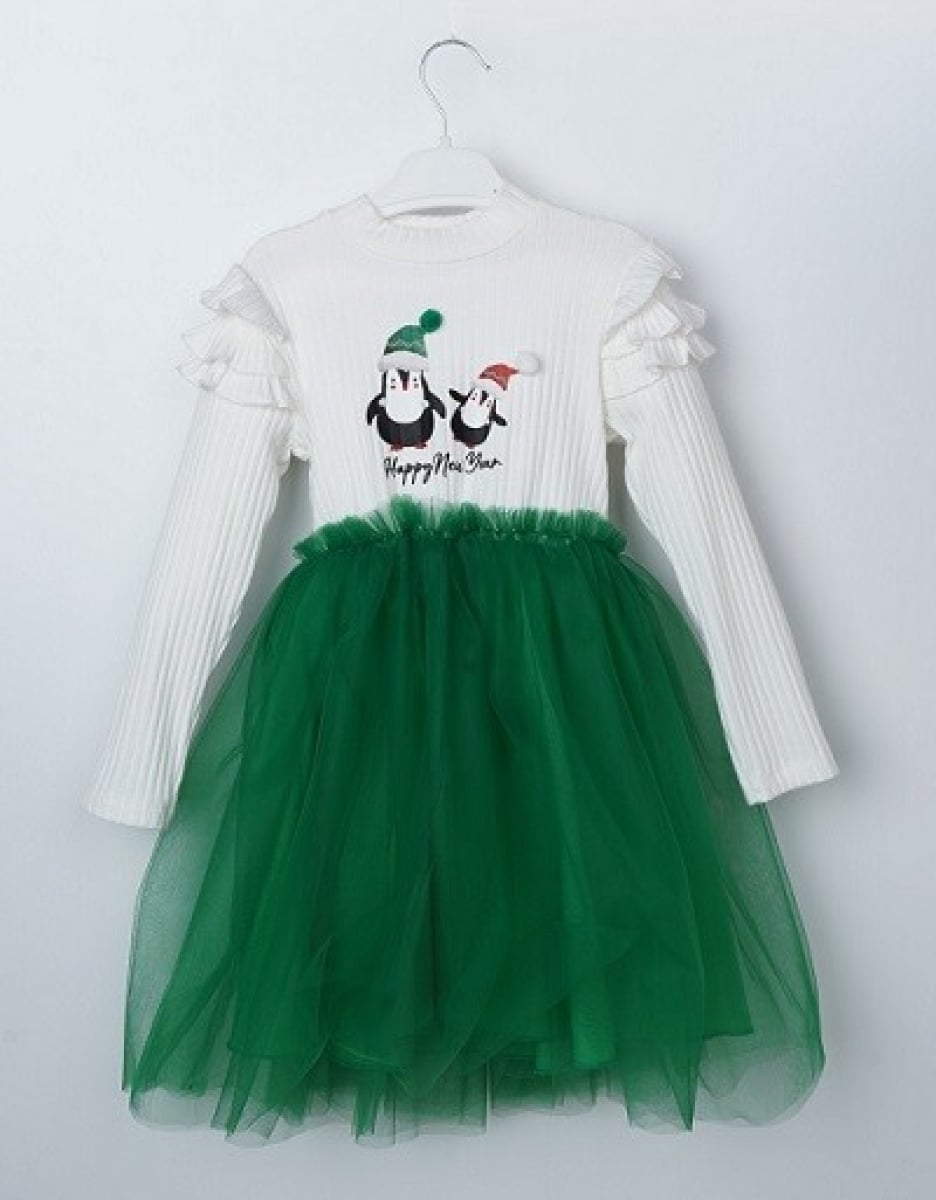 Girls Christmas Tulle Dress with Penguin Print - 3-6 Years - Busra Bebe - by Peralane
