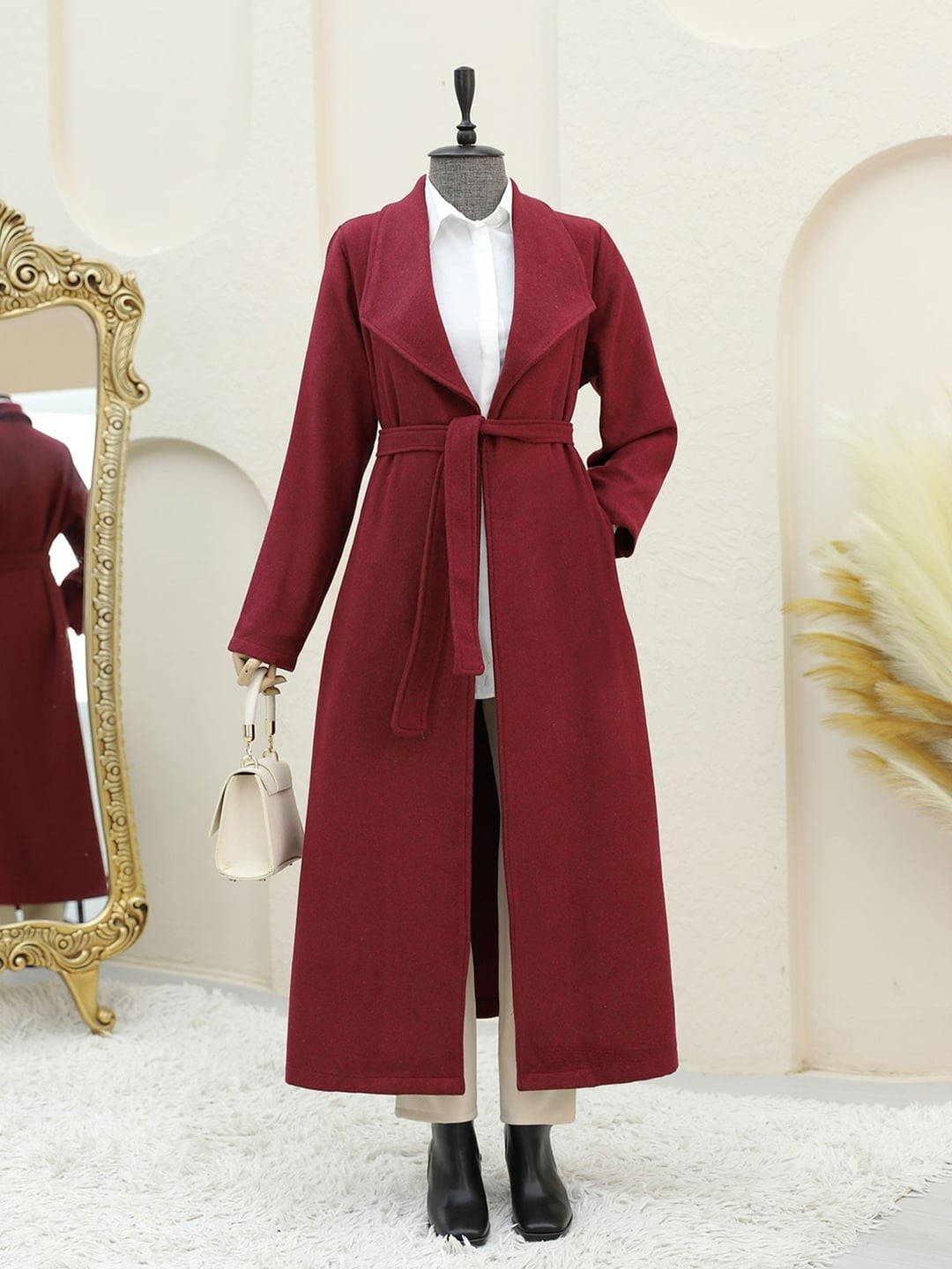 Shawl Collar Wool Blend Coat with Belt - Burgundy - Podyumplus - by Peralane
