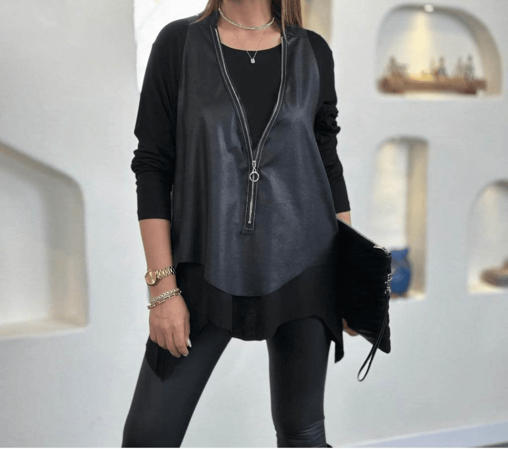 Women's Long-Sleeved Asymmetric Cut Viscose Blouse and Cracked Leather-Look Vest Two-Piece Set - Janes - by Peralane - photo 2