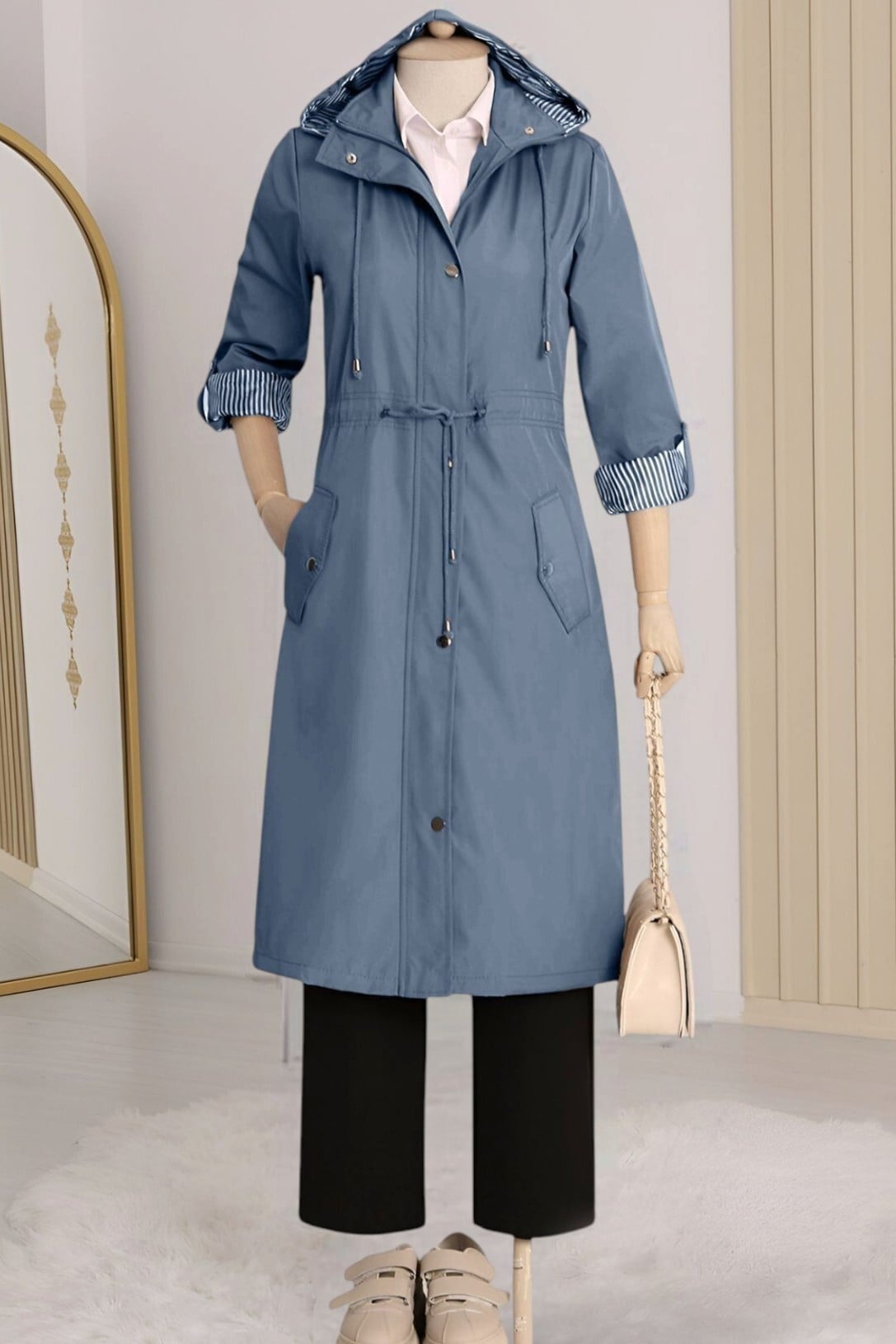 Striped Lined Hooded Trench Coat in Indigo - Podyumplus - by Peralane - photo 4