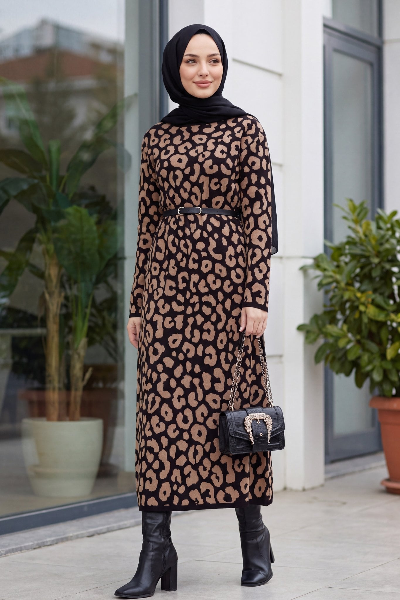 Round Neck Patterned Knit Dress - Black - Podyumplus - by Peralane - photo 5