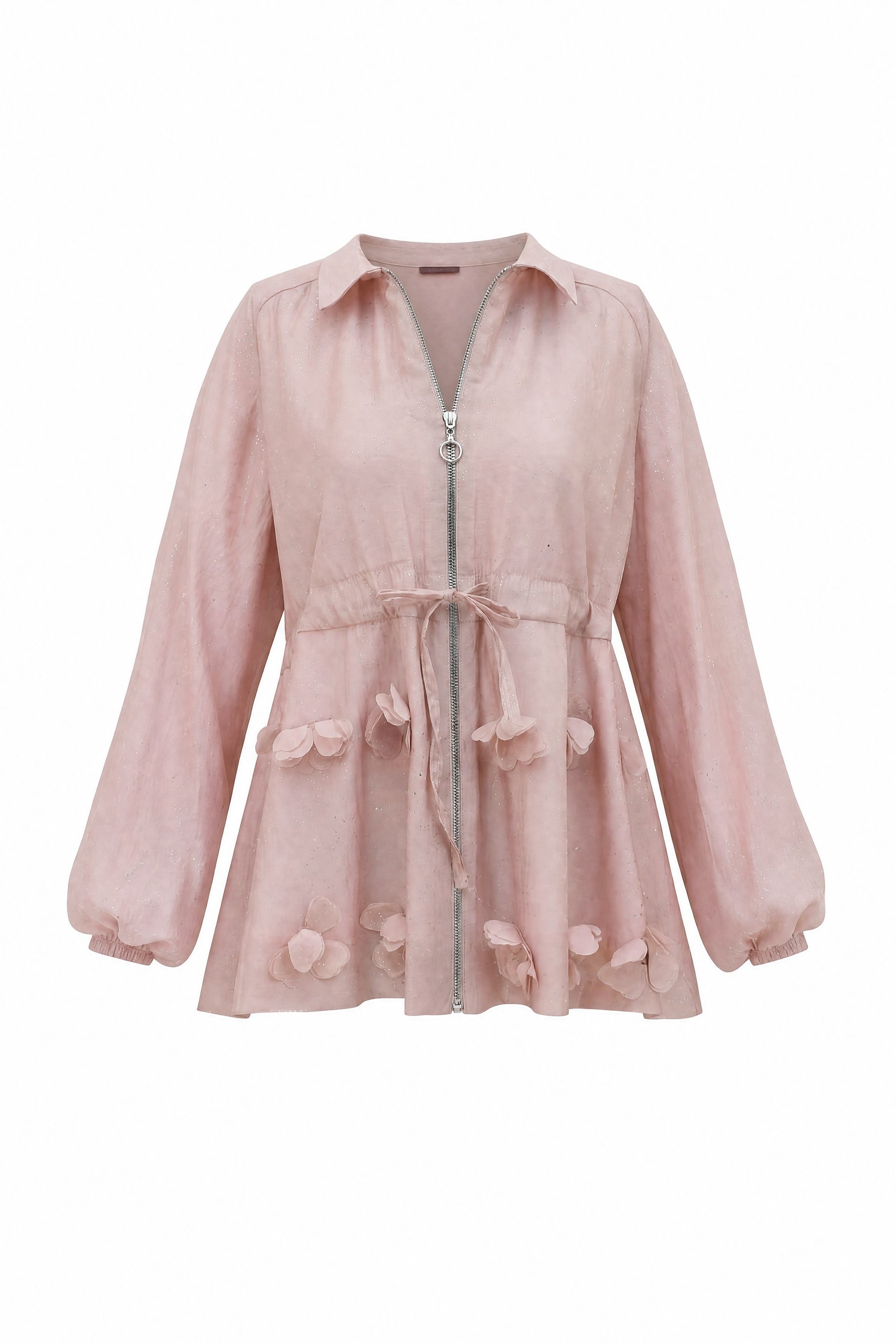 Pink Speckled Sequin Tunnel Drawstring Balloon Sleeve Zip Jacket - Podyumplus - by Peralane - photo 4